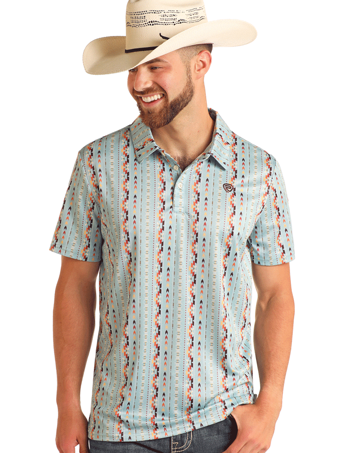 Rock & Roll Denim BM51T06005 Men's Aztec Printed Polo Shirt - Sky Blue Casual Wear for Street Style & Music Festivals
