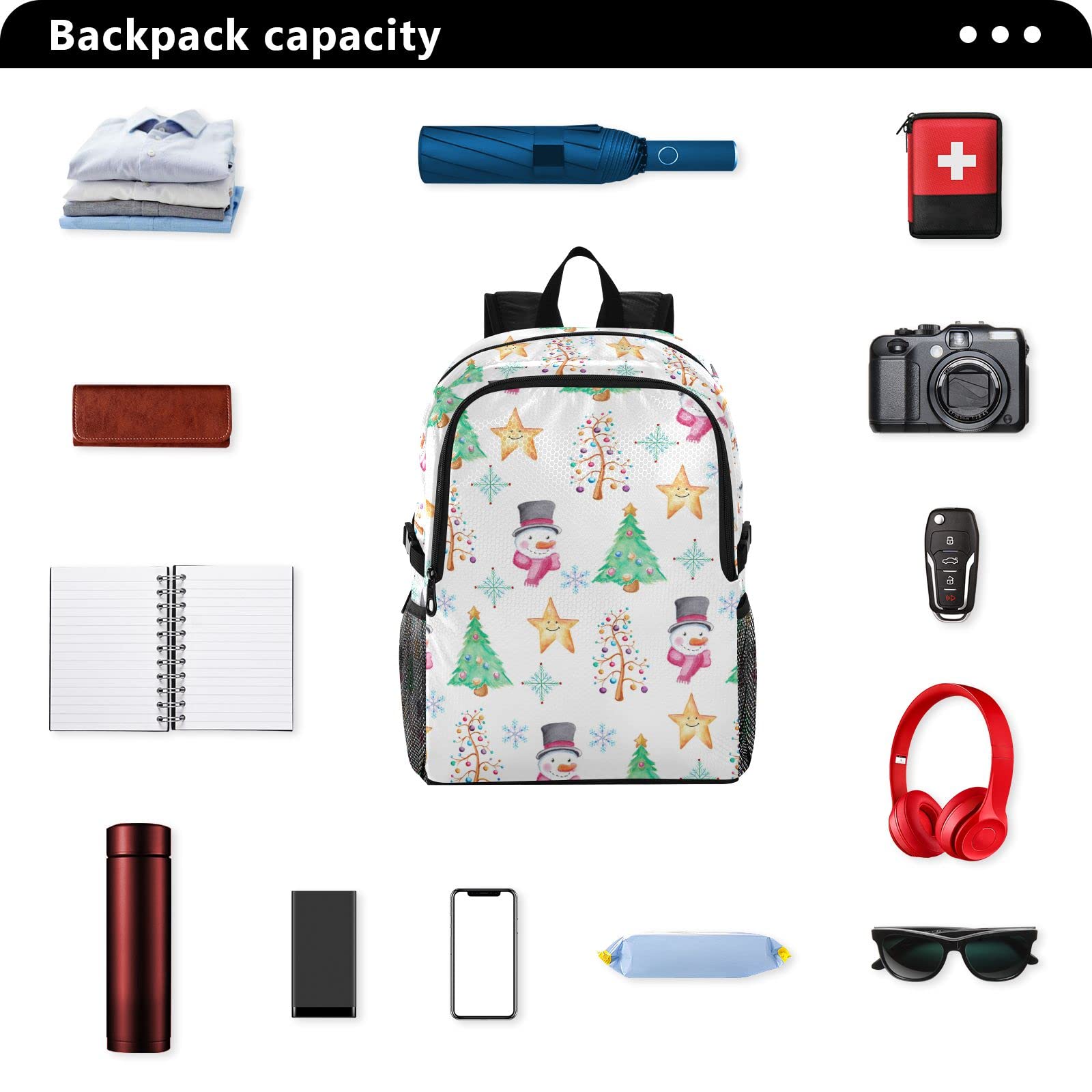 Waterproof 20L Lightweight Packable Backpack for Hiking, Travel & Outdoor Activities - Christmas Snowman Stars Design | Perfect for Camping, Day Trips & Holiday Adventures
