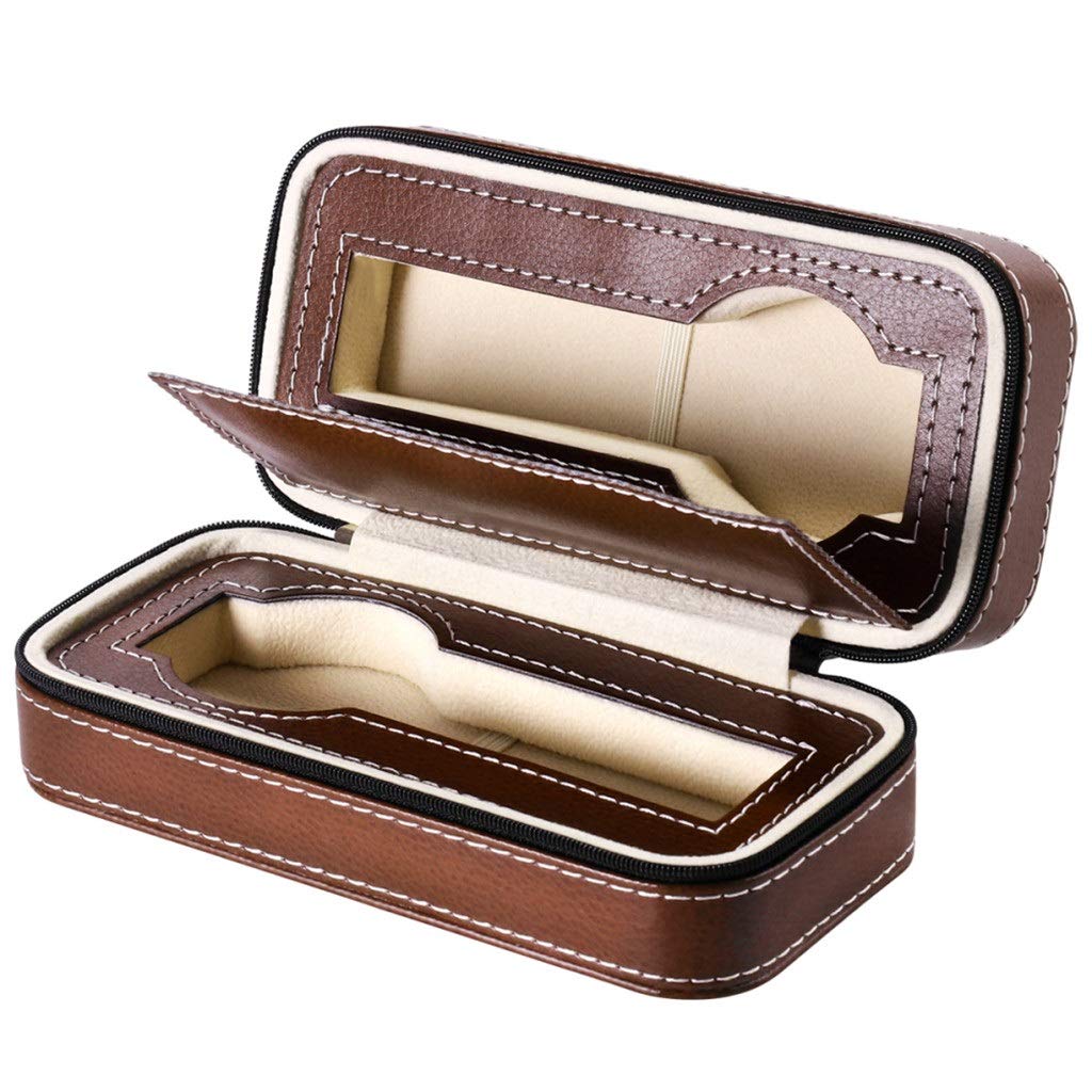 WIONC 1PC Leather Watch Storage Box with Zipper - Travel Watch Organizer Case for Men & Women - Dual Wristwatch Protector Holder (Brown) | Perfect for Travel, Home Storage & Watch Collection Display