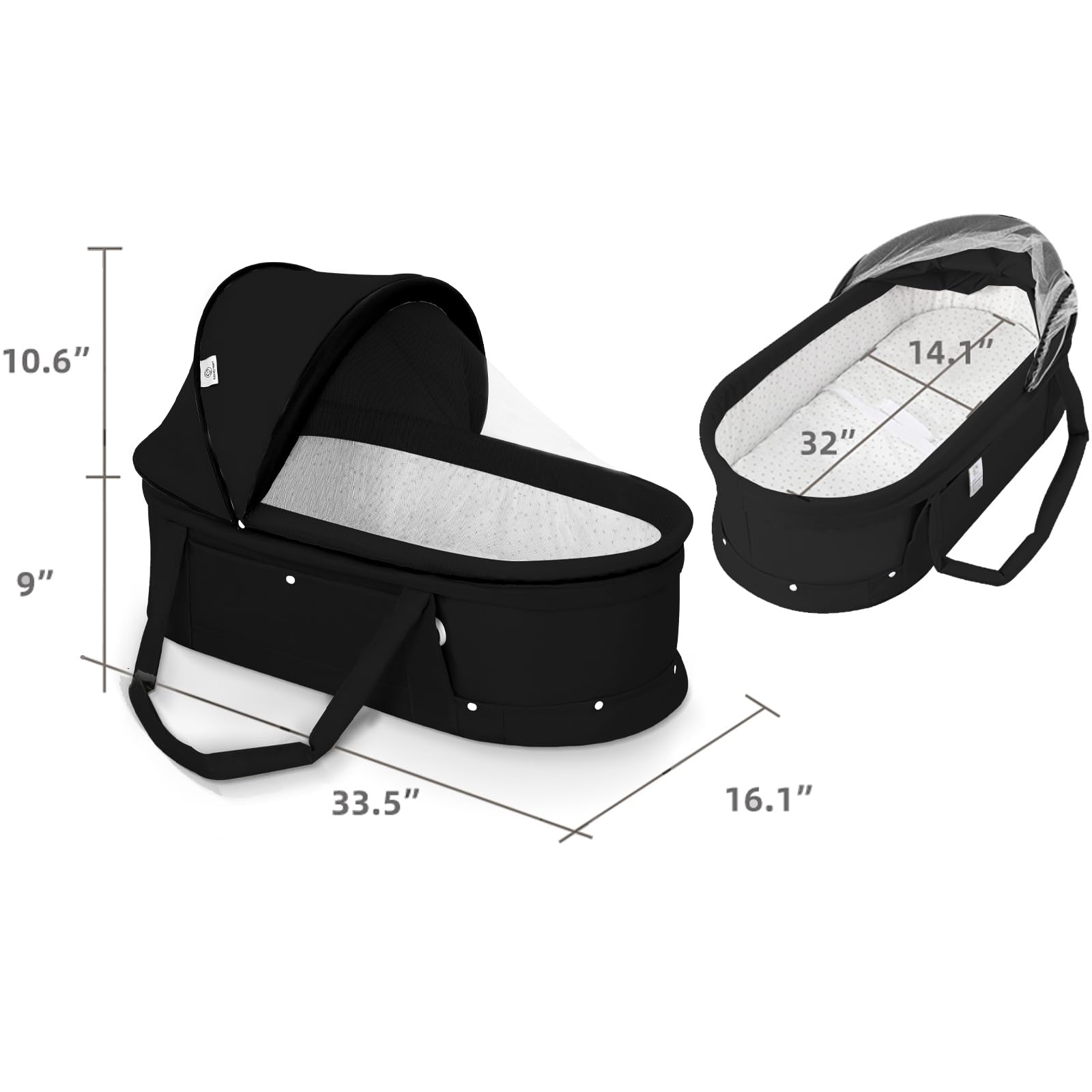 2-in-1 Portable Baby Travel Bassinet with Sunshade Cover - Foldable Washable Newborn Sleeper Bed for Airplane, Car & Home Use - Black