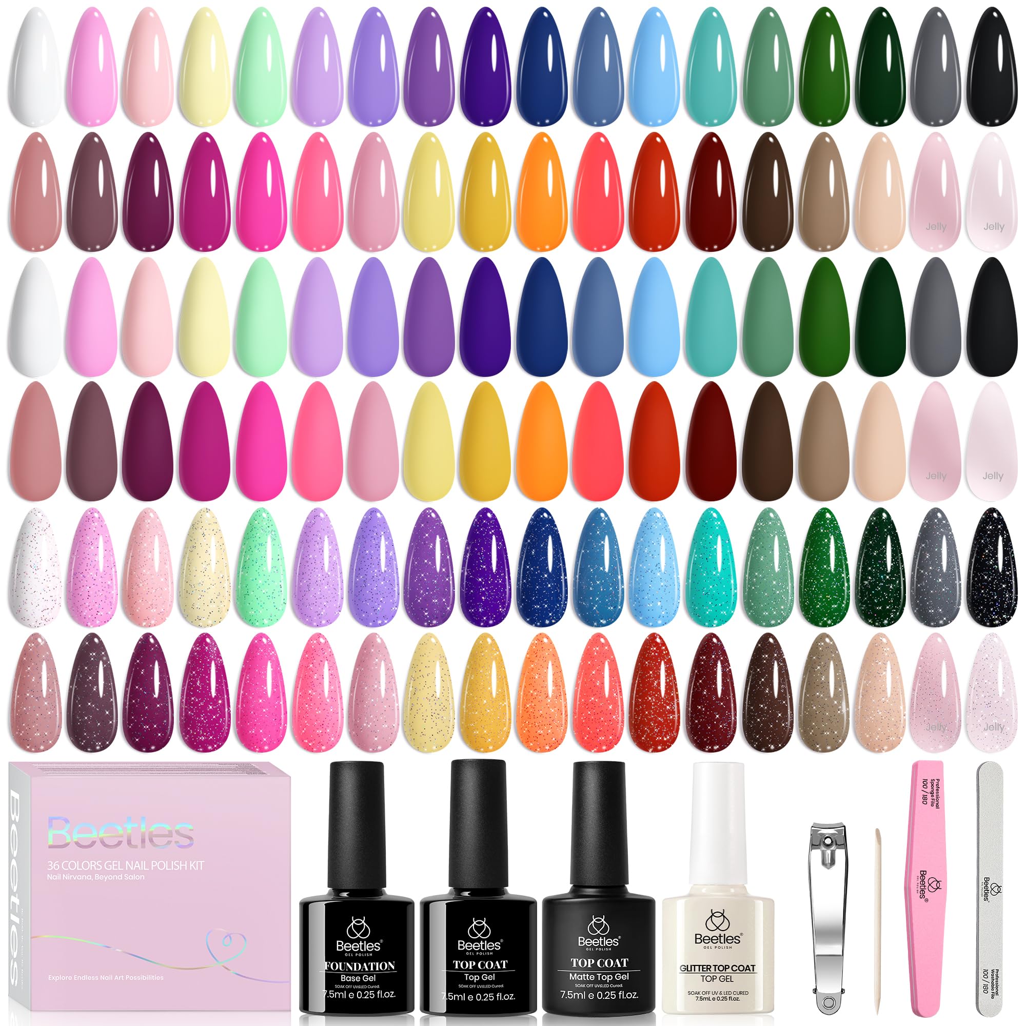Beetles 44-Piece Gel Nail Polish Set - 36 Colors with Base Coat, Glossy Matte & Glitter Top Coat - Neon Orange, Jelly Blue, Nude & Vivid Shades - Perfect for DIY Manicures, Nail Art & Gift Giving for Women