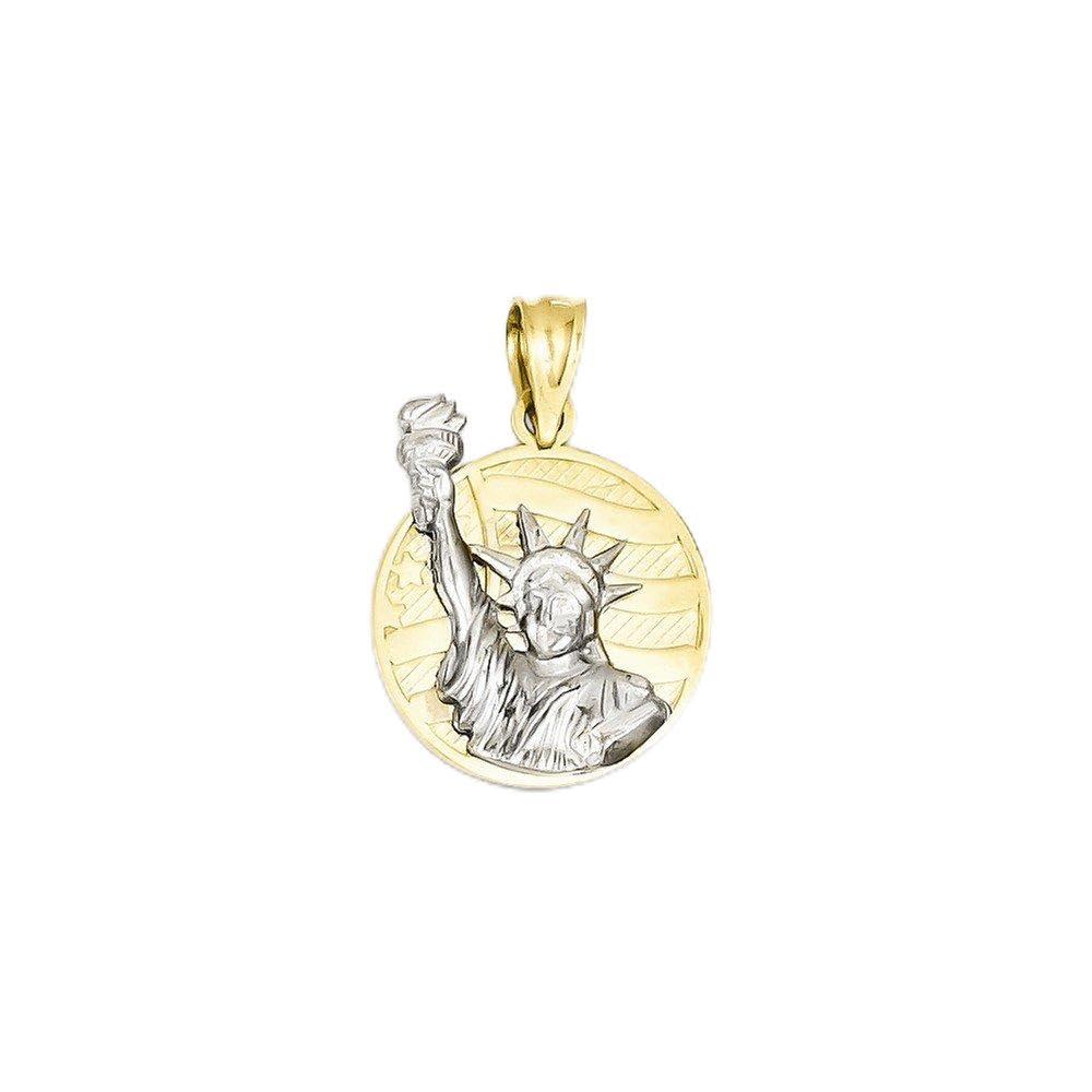 14K Gold Two-Tone Lady Liberty American Flag Disk Pendant Necklace - Perfect for Patriotic Gifts, July 4th Celebrations & Everyday Jewelry