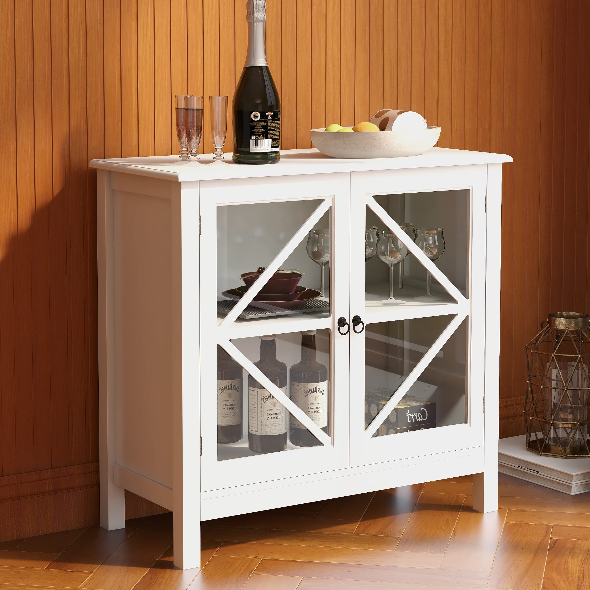 White Accent Storage Cabinet with Glass Doors - Small Buffet Sideboard for Kitchen & Dining Room - Entryway Console Cabinet - Perfect for Home Decor & Storage Solutions
