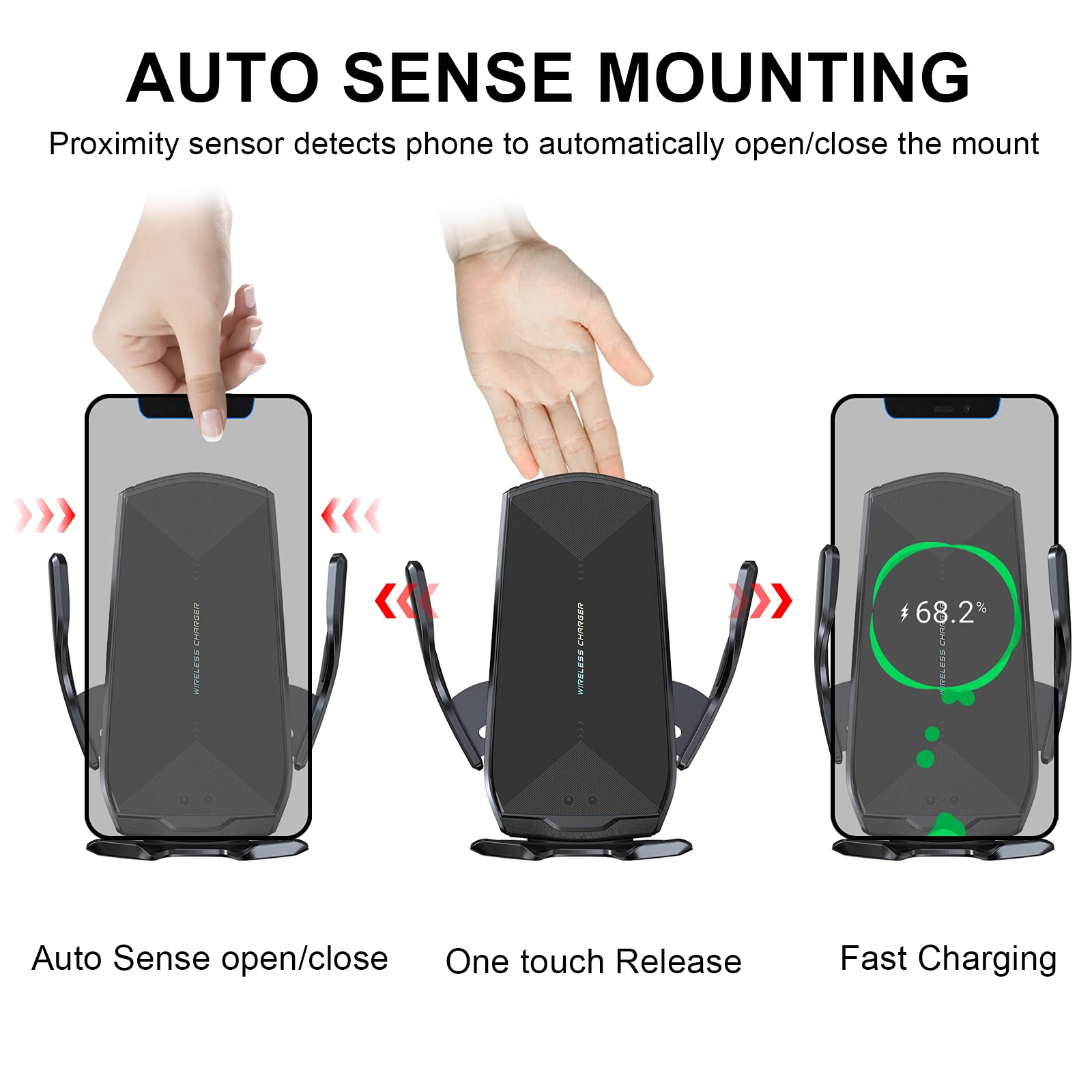 15W Qi Fast Wireless Car Charger Mount - Auto-Clamping Phone Holder for iPhone 13/12/11, Samsung S20/S10/S9/S8, LG - Air Vent, Windshield & Dashboard Mount with Long Arm & Suction Cup - Perfect for Commuting, Road Trips & GPS Navigation