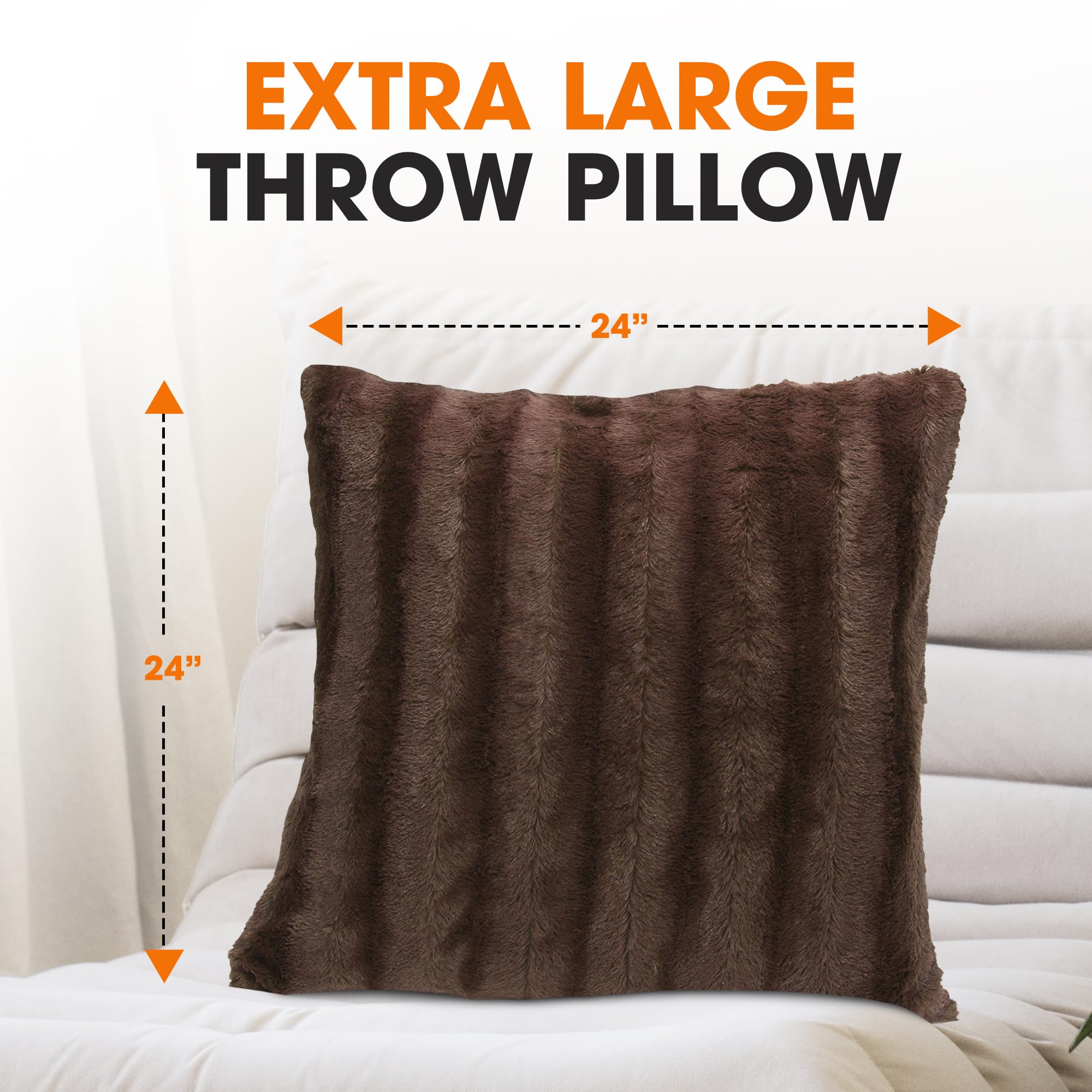 Luxury Faux Fur Throw Pillows Set of 2 - 24x24 Inch Soft Decorative Couch & Bed Pillows for Living Room & Bedroom Aesthetic - Chocolate Accent Pillows for Cozy Home Decor & Stylish Interior Design