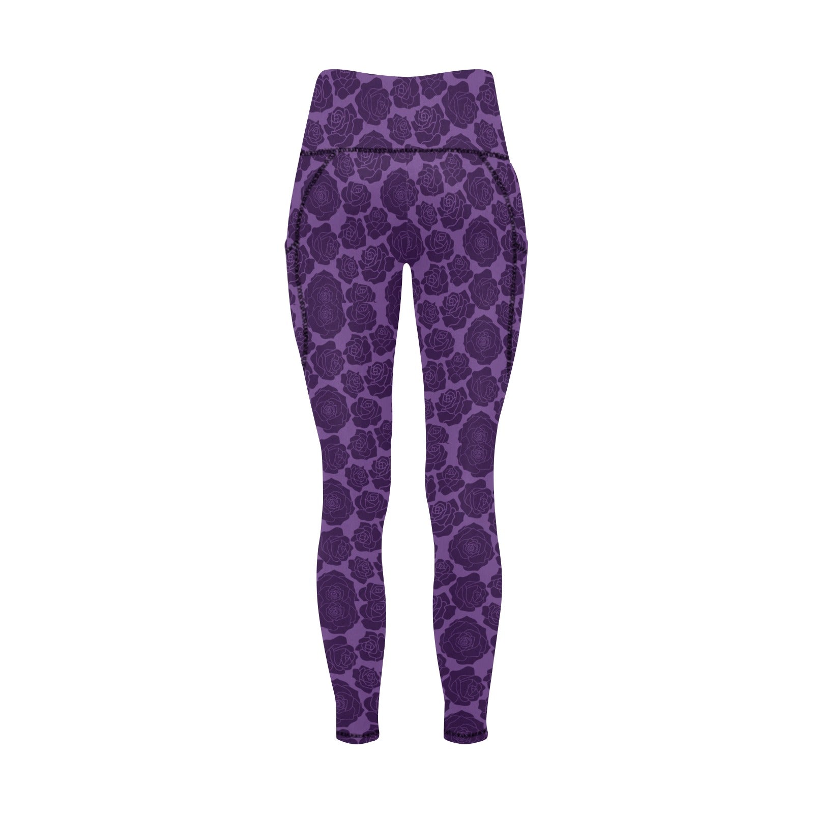 Gothic Purple Floral Print Leggings with Pockets - Women's High Waisted Yoga Pants for Workout, Running & Casual Wear