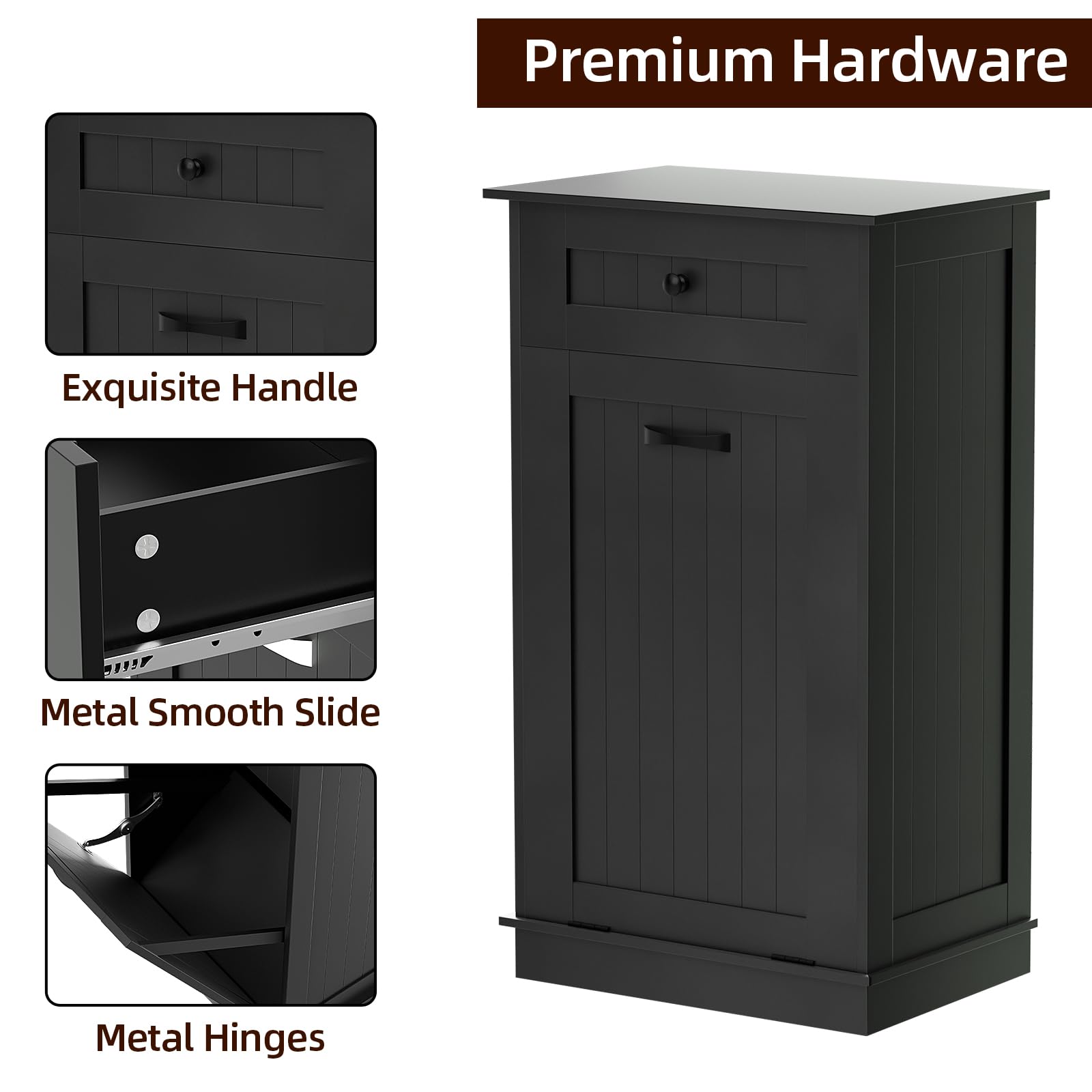 Wooden Tilt-Out Trash Cabinet - Dog Proof Garbage Can Holder with Laundry Hamper - Kitchen Island Organizer in Black - Perfect for Pet Owners & Small Space Kitchens