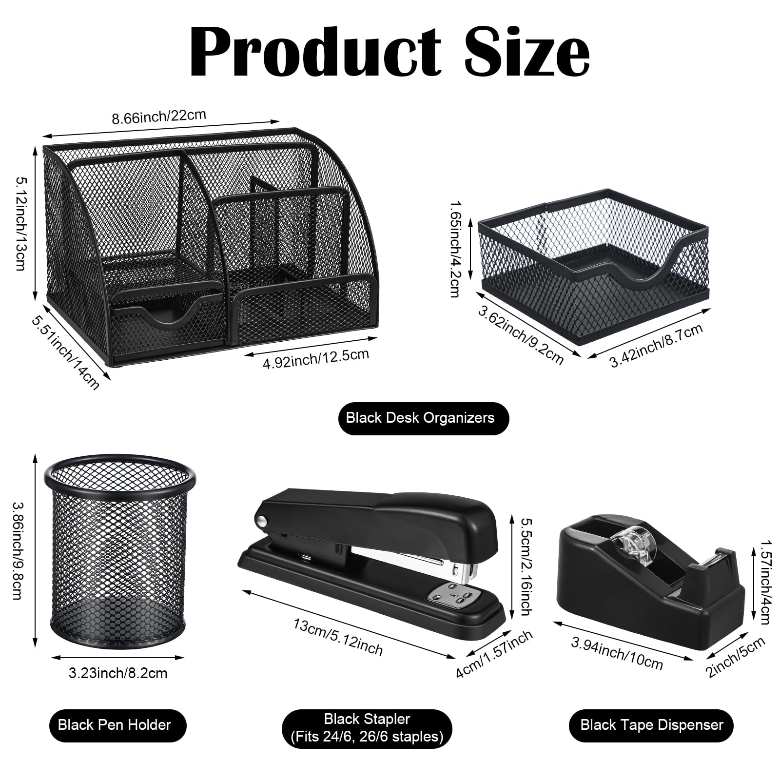 Premium Black Desk Organizer Set with Mesh Tray, Stapler (1000 Staples), Tape Dispenser, Pen Holder & Office Essentials - Perfect for Home Office, Workspace Organization & Productivity Boost