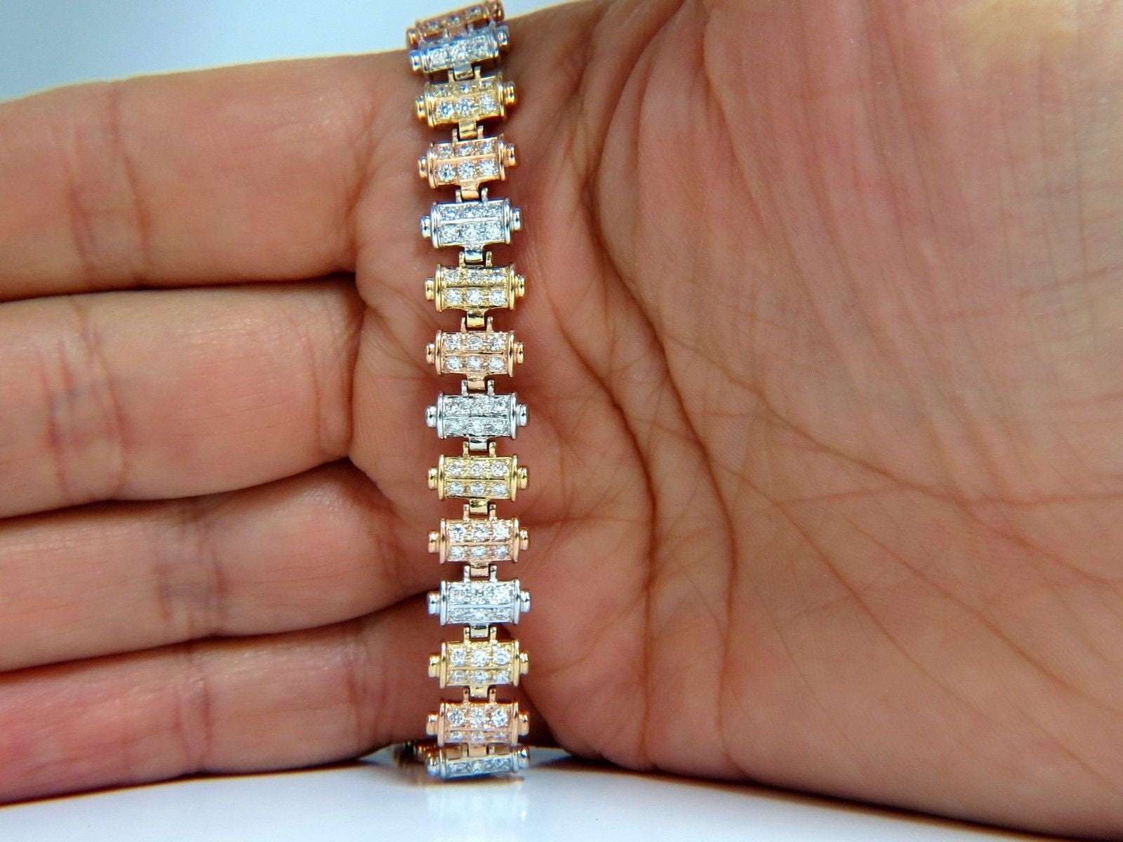 1.50CT Diamond Bar Link Tri-Color 18K Gold Bracelet with Satin Brush Finish - Elegant Jewelry for Women, Perfect for Parties, Weddings & Special Occasions
