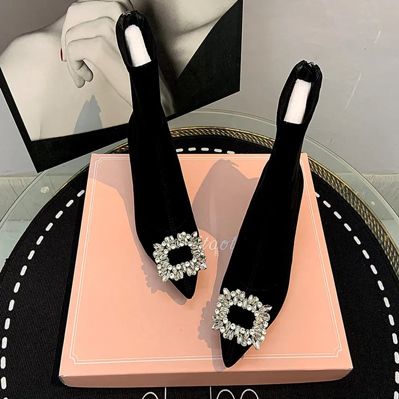 Stylish Women's Ankle Boots - Pointed Toe High Heel Rhinestone Flock Boots for Spring & Autumn | Fashionable Dress Shoes for Work, Party & Evening Out