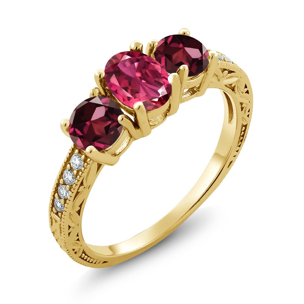 2.25 Ct Pink Tourmaline & Red Rhodolite Garnet Ring - 18K Yellow Gold Plated Sterling Silver Jewelry for Women - Elegant Gift for Anniversary, Birthday & Special Occasions
