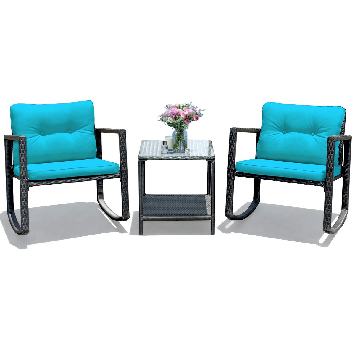 Tangkula 3-Piece Outdoor Wicker Rocking Bistro Set with Cushioned Chairs, Glass Coffee Table & Storage Shelf - Turquoise Patio Furniture for Garden, Porch & Backyard Relaxation