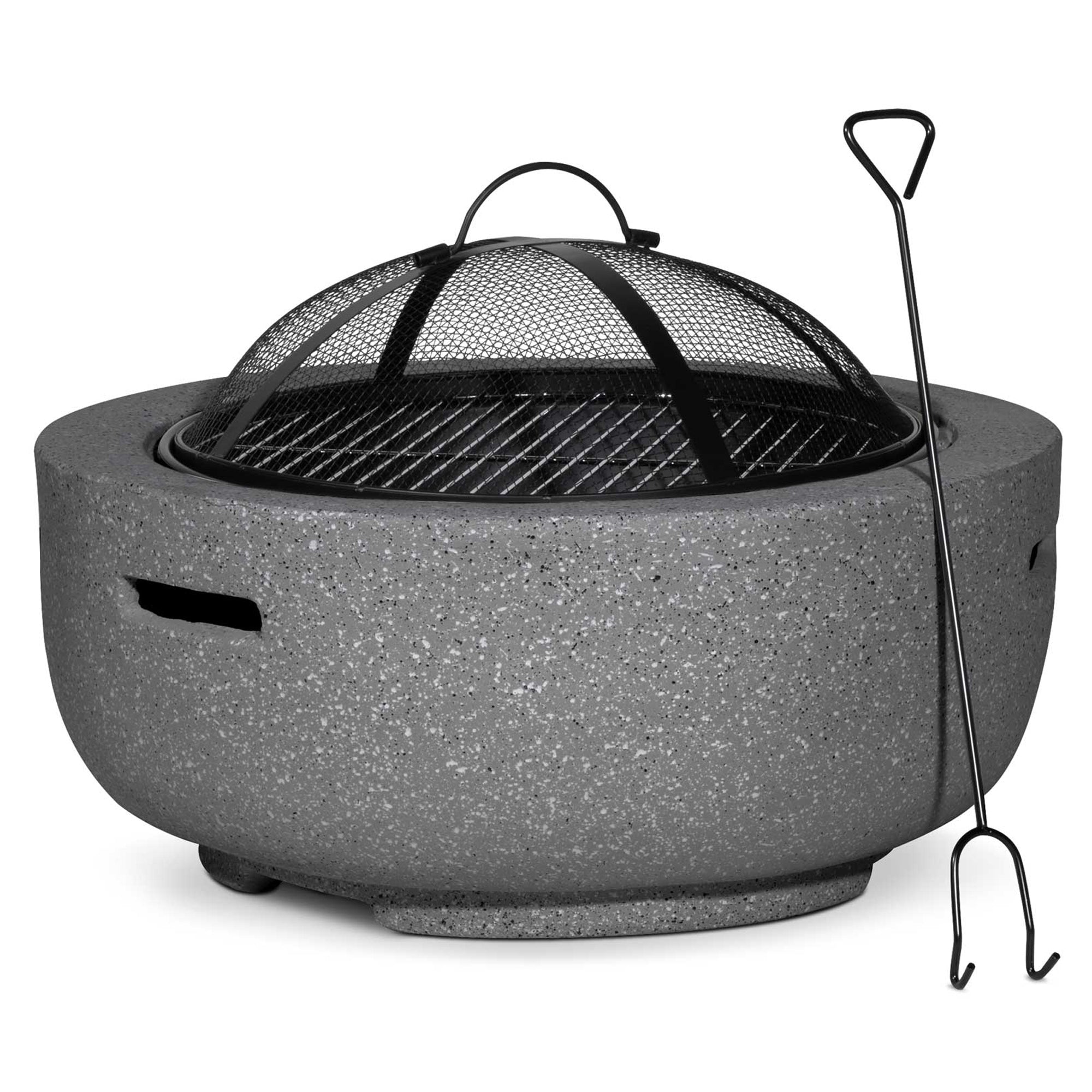 Round 60cm Magnesium Oxide Fire Pit with BBQ Grill & Safety Mesh Screen - Dark Grey DG189 for Outdoor Camping, Backyard Gatherings & Patio Relaxation