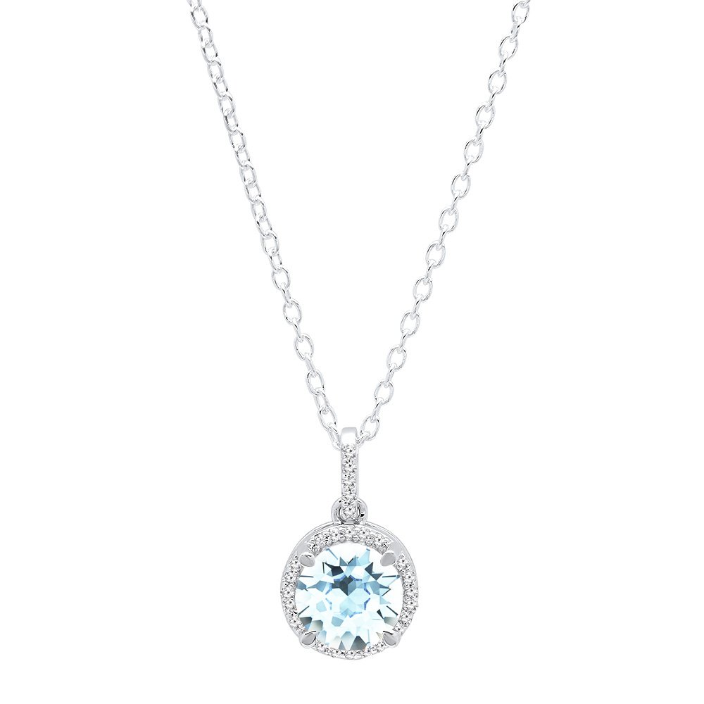 6.5mm Round Gemstone & White Diamond Women's Halo Pendant Necklace - 10K Solid White Gold with Silver Chain | Elegant Jewelry Gift for Anniversary, Birthday & Special Occasions