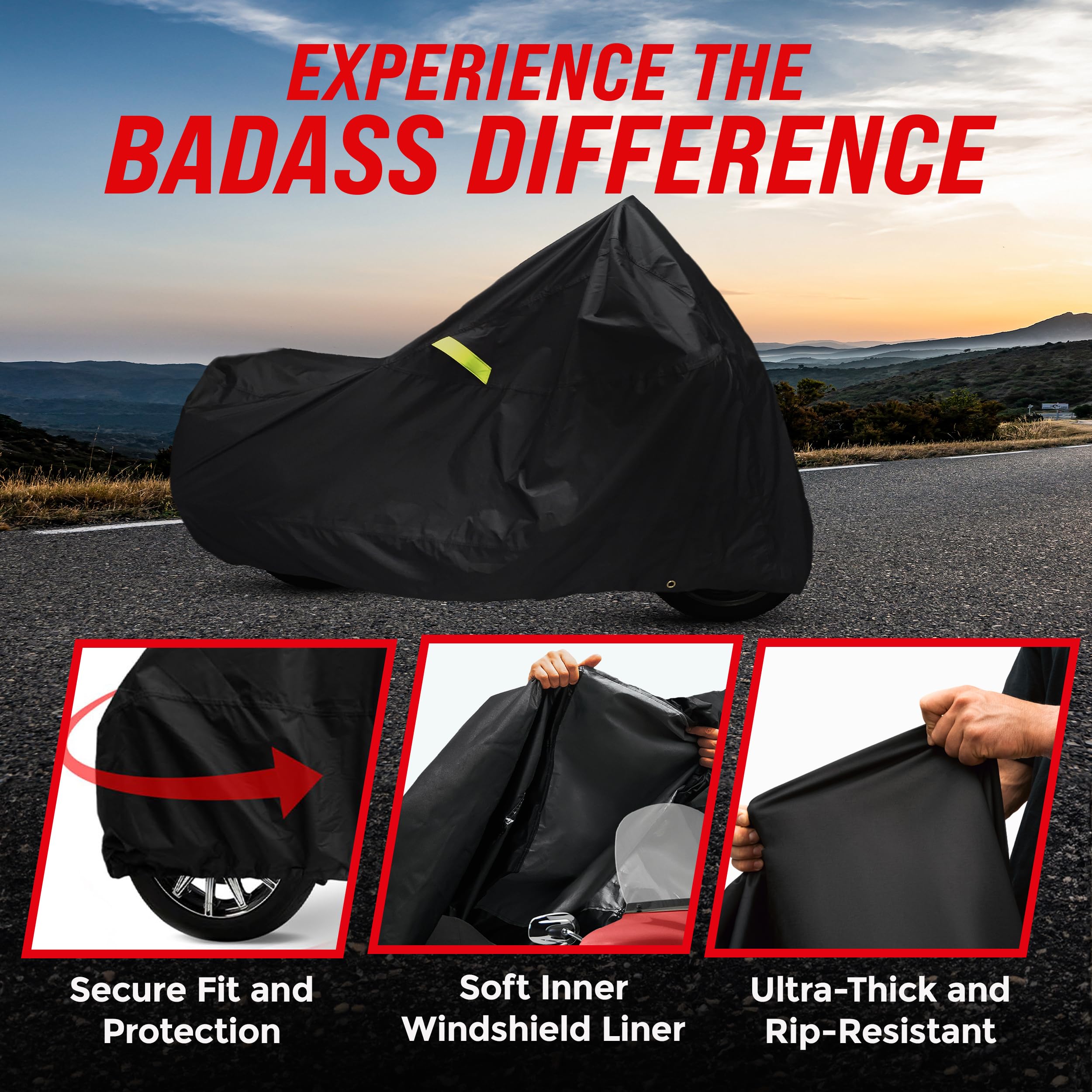 Badass Moto Heavy Duty Waterproof Motorcycle Cover for Outdoor Use - Universal Fit for Harley Davidson & Cruiser Bikes (97”L x 57”H) - Sun Protection & All-Weather Shield for Parking, Storage & Travel