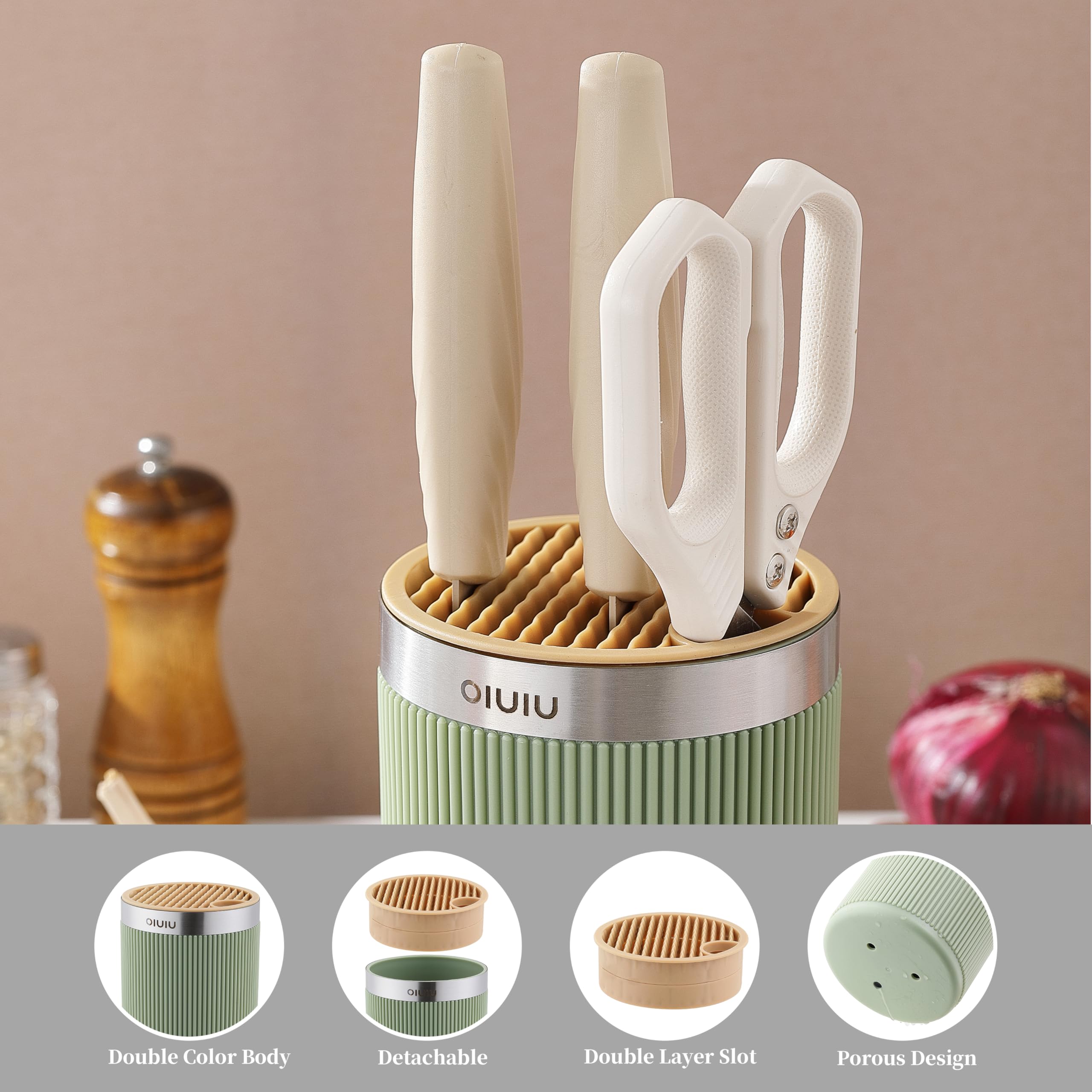 OLULU Universal Round Knife Block Holder - Spacious Knife Storage Organizer Stand for Kitchen Countertops | Stylish Green & Yellow | Space Saving Design for Chefs & Home Cooks | Perfect for Knife Organization & Kitchen Decor