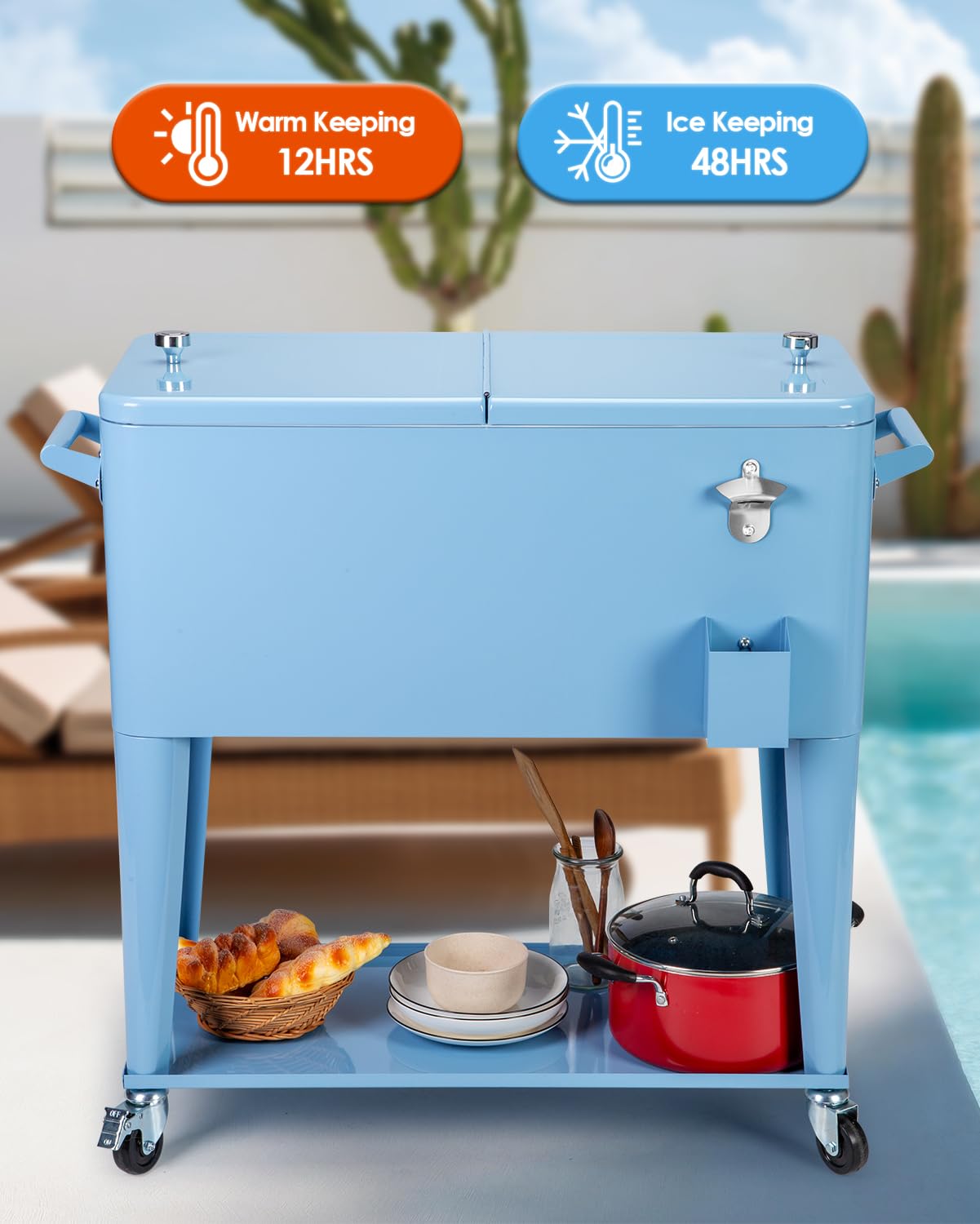80 Quart Rolling Patio Cooler Cart with Wheels - Portable Beverage Ice Chest, Built-in Shelf & Bottle Opener, Stand-Up Cooler with Handles for Outdoor Parties, Beach, Camping & Tailgating (Blue)