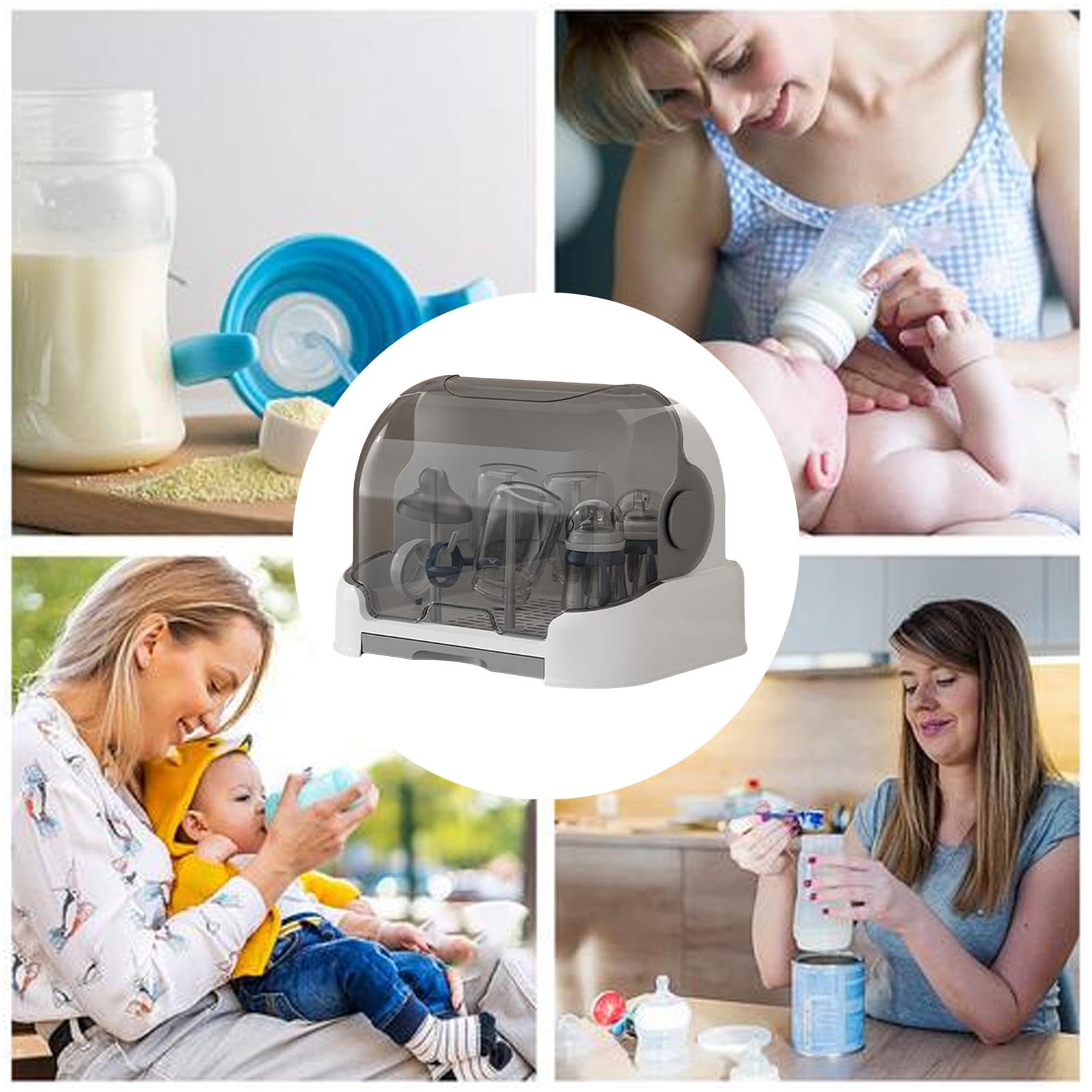 Baby Bottle Drying Rack with Lid - Dustproof Storage Box & Removable Drain Tray | Space Saving Bottle Holder for Breastfeeding, Travel & Daycare | Reusable Gray Baby Bottle Organizer for Nursery & Kitchen