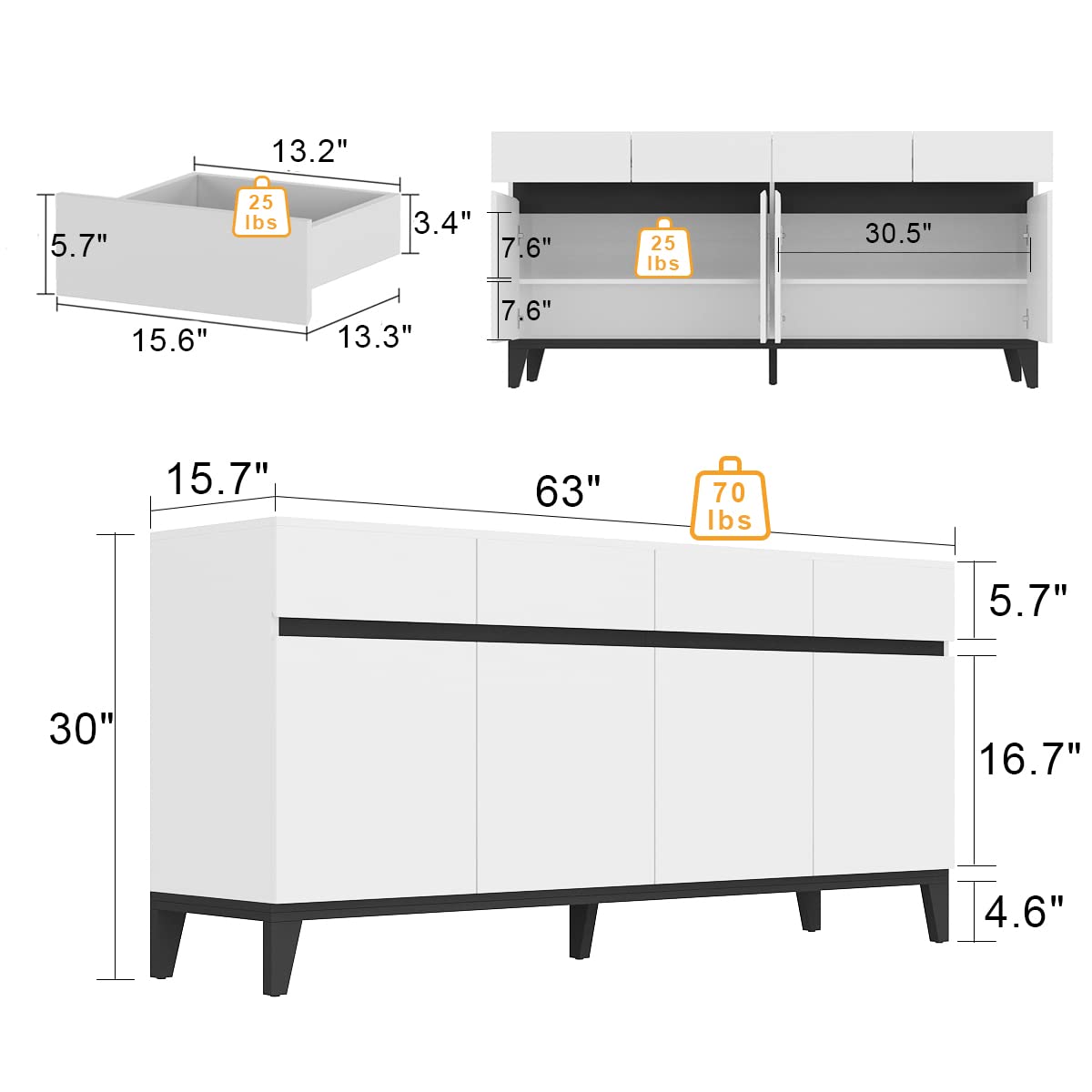 ECACAD White Sideboard Buffet Cabinet with 4 Drawers, 4 Storage Compartments & 4 Doors - Kitchen Storage Console Table, Coffee Bar Cabinet for Living Room, Hallway, Dining Room - Perfect for Home Organization & Entertaining Guests