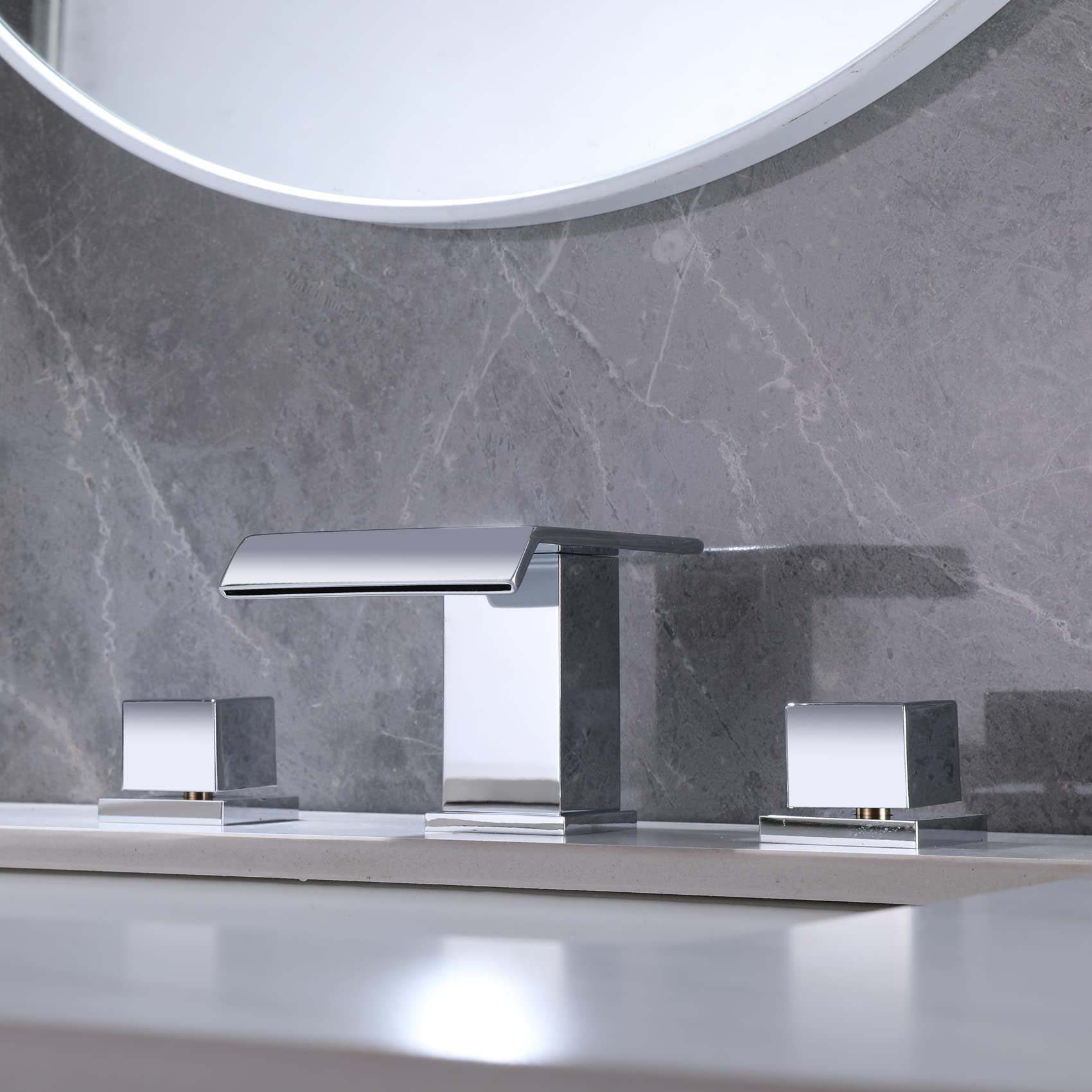 TapLong Solid Brass Modern Waterfall Bathroom Faucet - 3 Hole Deck Mount with 2 Square Handles, Chrome Finish for Bathroom Sink - Perfect for Contemporary Vanities and Spa-Inspired Bathrooms