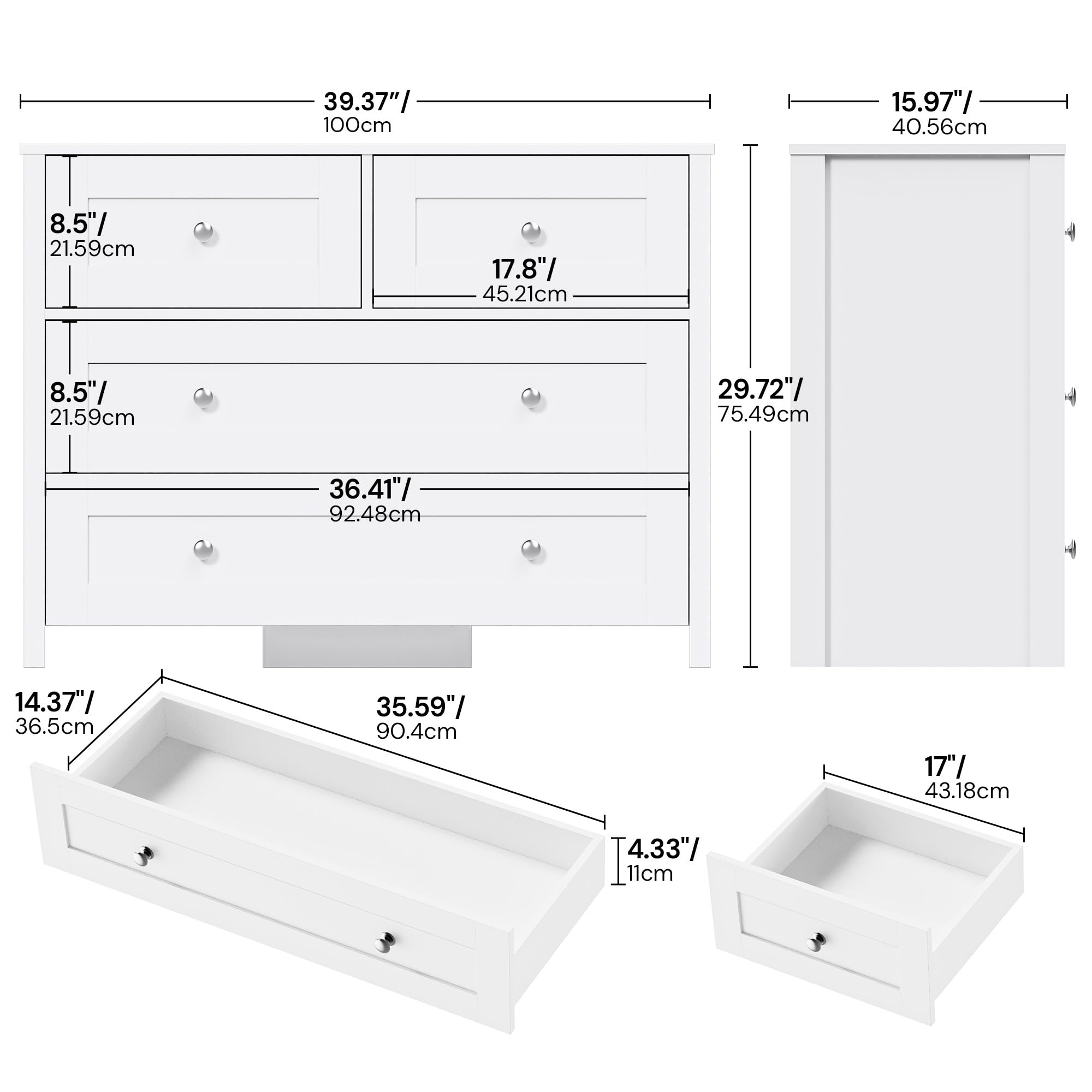 Modern White Dresser with 4 Wide Drawers - Wooden Chest of Drawers for Bedroom, Hallway, Living Room & Closet Organization | Perfect for Home Storage & Bedroom Decor