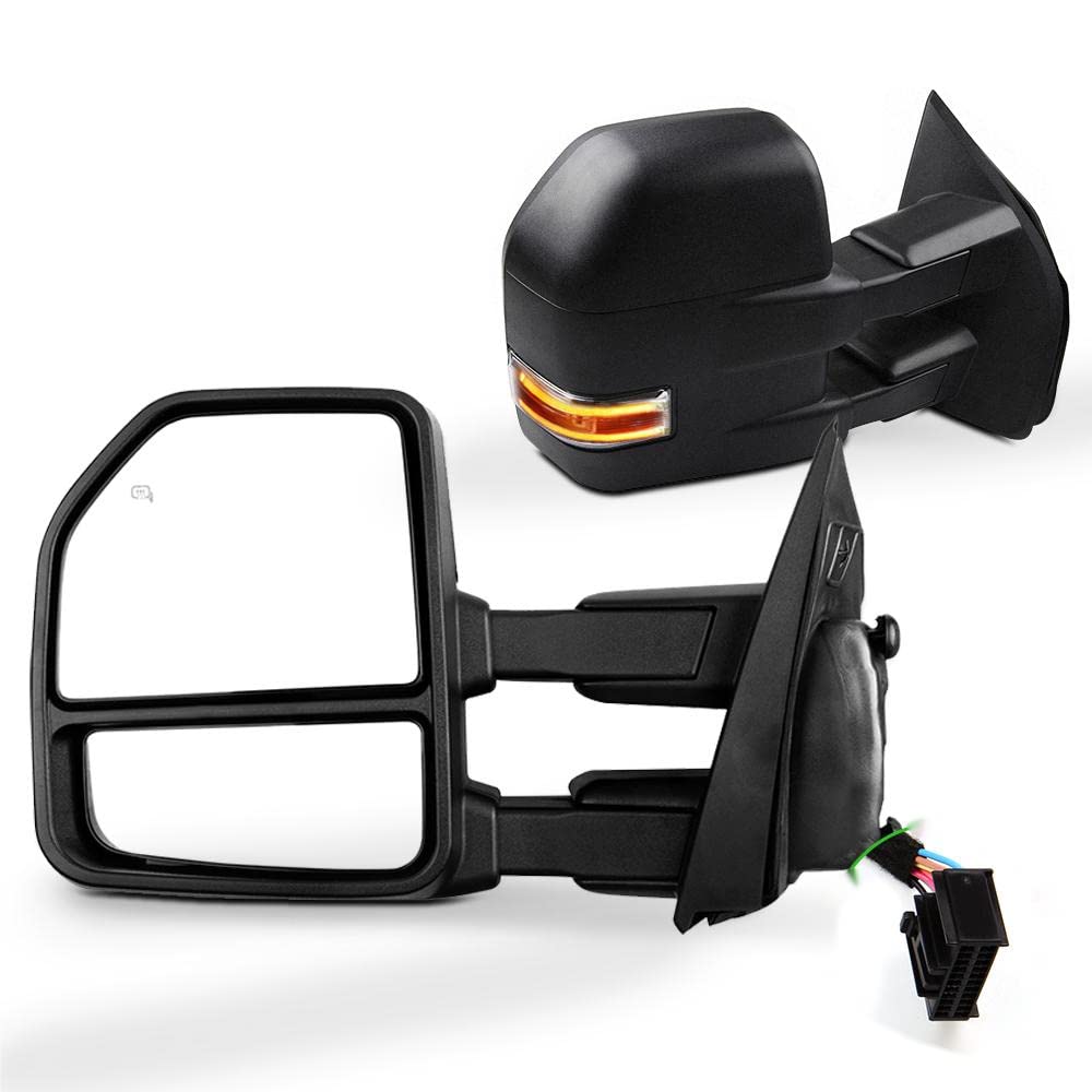 SCITOO Power Heated Towing Mirrors with Turn Signal & Puddle Light - Compatible with 2015-2017 Ford F150 Pickup Truck - Black Housing & Conversion Plug (Driver & Passenger Side) - Perfect for Towing, Off-Roading & Night Driving