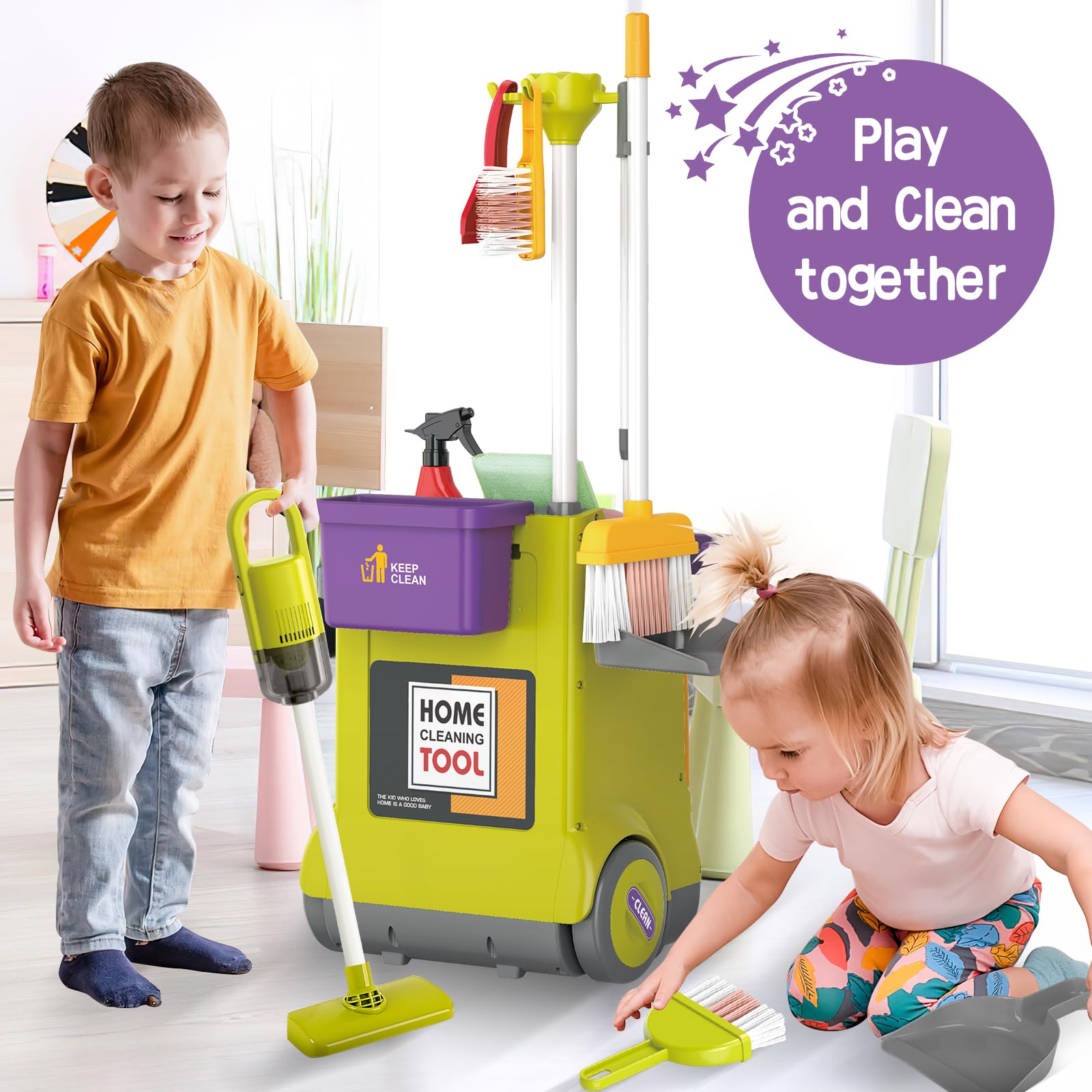 deAO 14-Piece Kids Pretend Play Cleaning Set with Real Working Vacuum, Broom & Spray Bottle - Educational Toy Housekeeping Kit for Toddlers Ages 3-5 - Perfect for Role Play, Early Learning & Developing Responsibility (Great Gift for Boys & Girls)