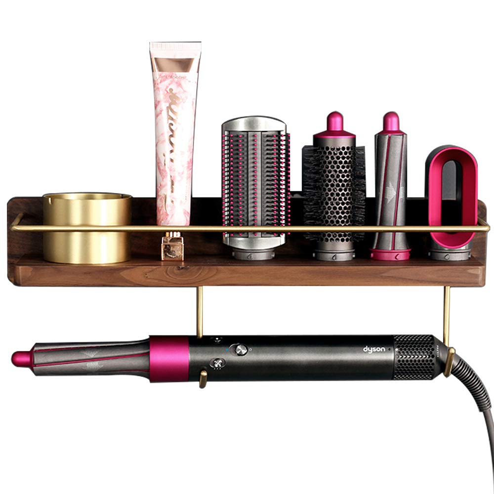 Dyson Airwrap Styler Holder - Wall Mounted Wooden Stand for Hair Curling Wand & Brush Barrel - Bathroom & Bedroom Storage Organizer with Hook for Comb, Cream & Facial Cleanser - Perfect for Home & Salon Use