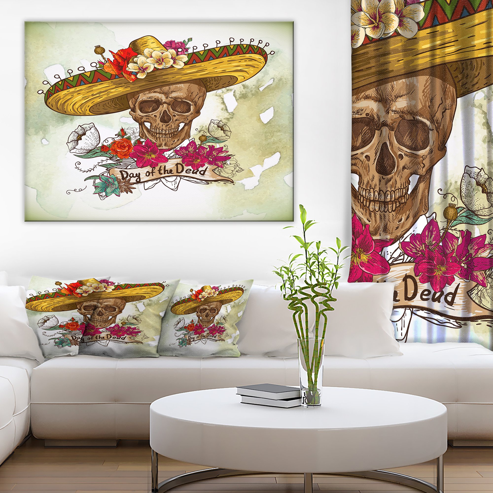 Skull in Sombrero with Flowers - Mexican Sugar Skull Floral Art Canvas Print Wall Decor for Day of the Dead, Home & Office Decorations