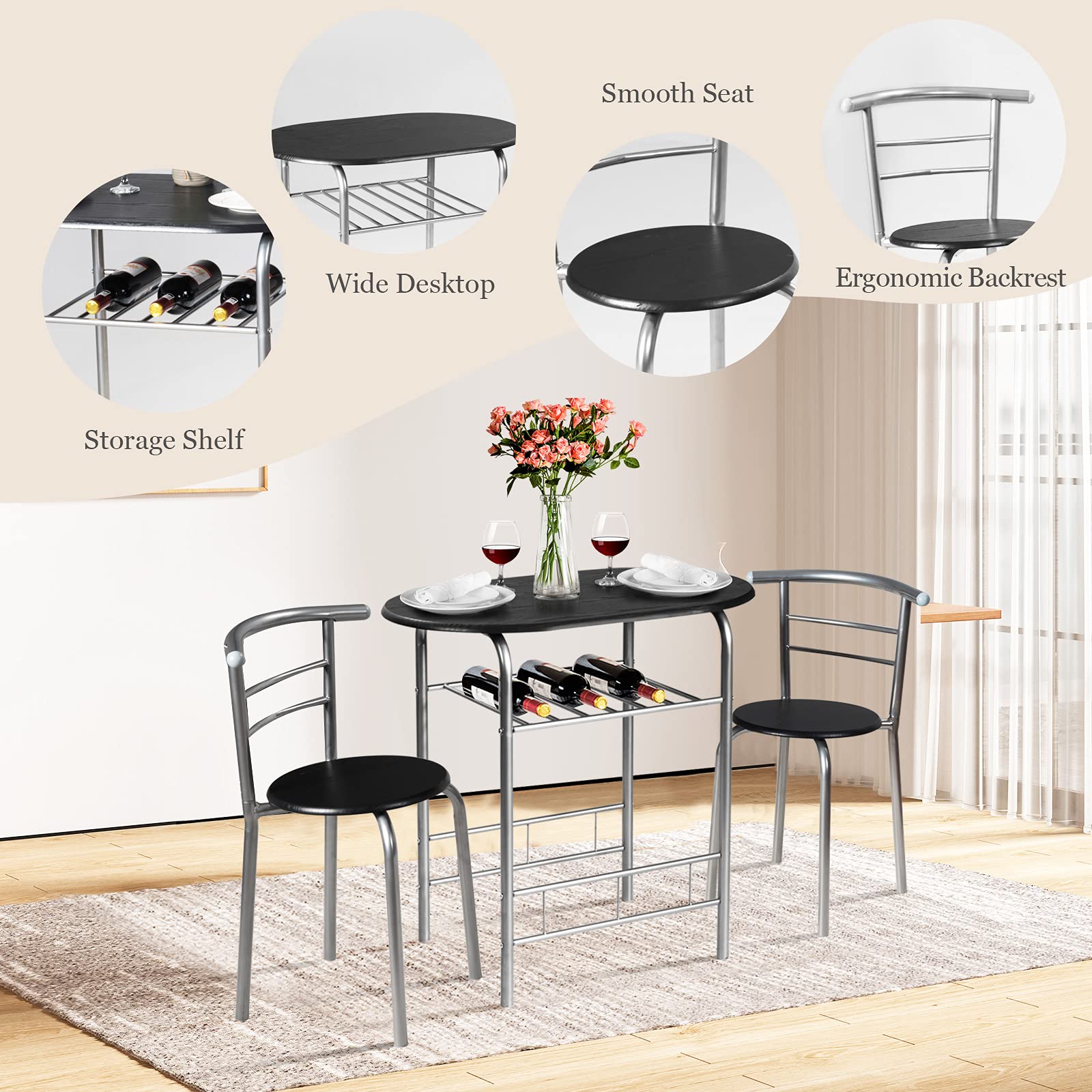 Harmony-Furniture 3-Piece Dining Table Set with Metal Frame & Storage Shelf - Compact Kitchen Table and Chairs Set in Black & Silver - Perfect for Small Kitchens, Restaurants, Cafés and Bistros
