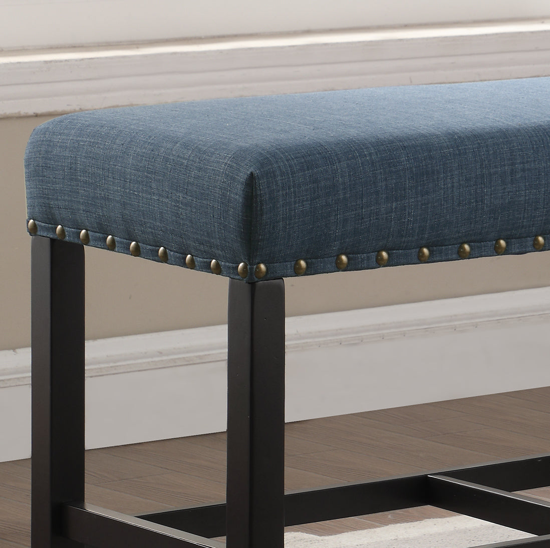 Roundhill Furniture Biony Fabric Counter Height Dining Bench with Nailhead Trim - Blue Upholstered Bar Stool for Kitchen Island, Breakfast Nook & Small Space Dining