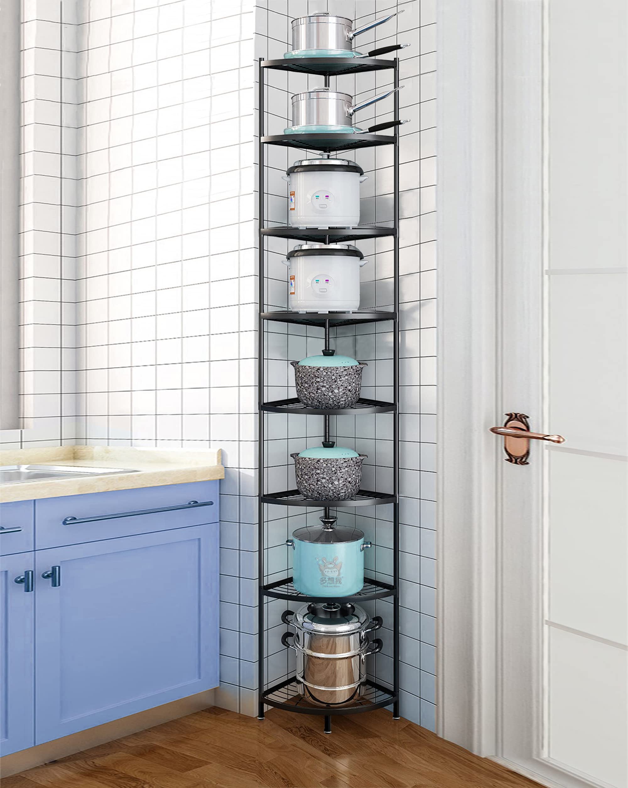 8-Tier Metal Kitchen Corner Shelf Rack - Multi-Layer Pot Storage Organizer & Spice Holder for Pantry, Cabinet, Countertop Organization - Space Saving Solution for Small Kitchens