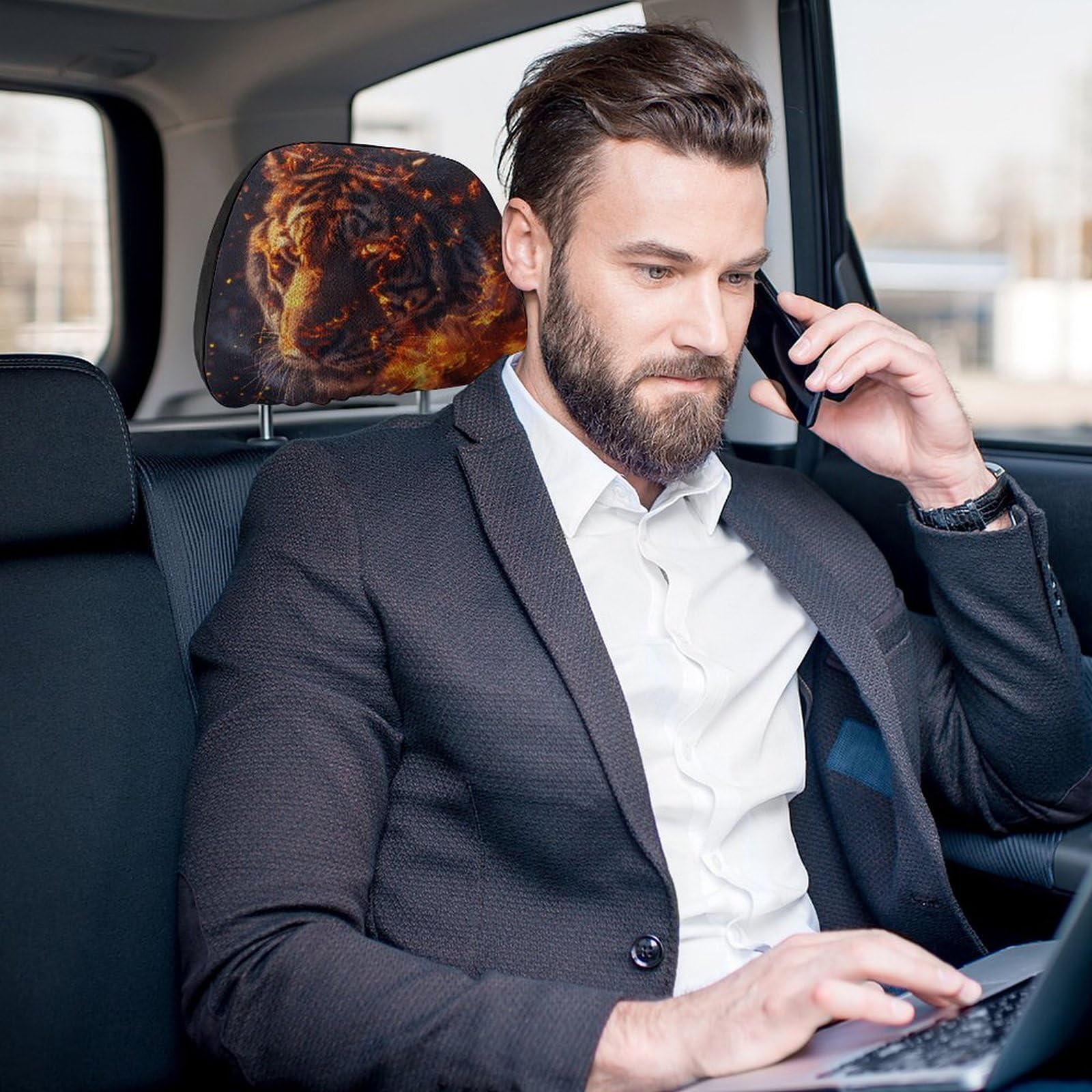 Fire Tiger Universal Car Headrest Cover - Full Wrap Seat Protector (2 Pack) - Soft & Durable Car Accessories for Comfort & Style - Perfect for Road Trips & Daily Commutes