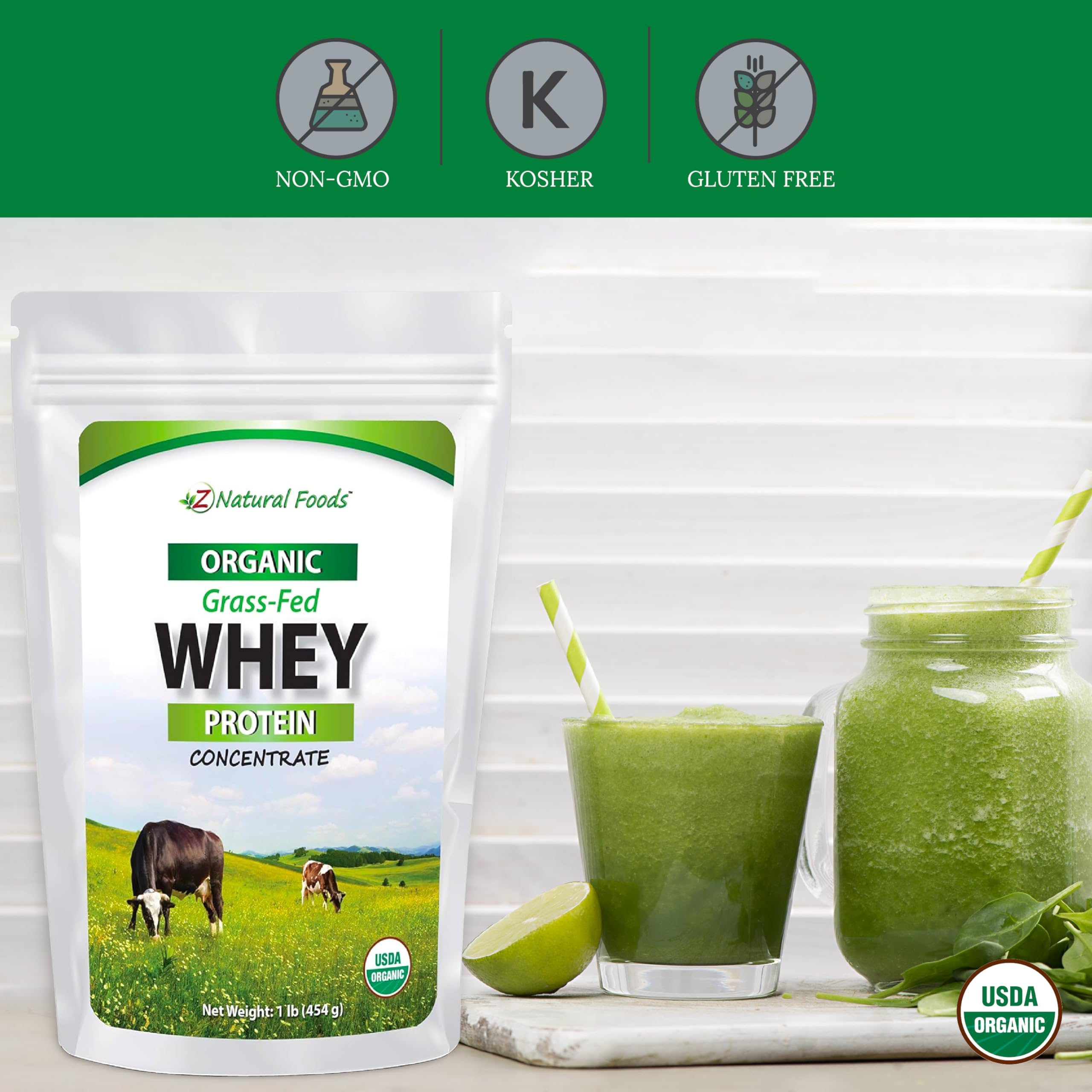 Organic Grass-Fed Whey Protein Powder by Z Natural Foods - Cold-Processed, Unflavored Whey Protein Concentrate with Essential Amino Acids for Muscle Recovery & Fitness - 1 lb | Ideal for Post-Workout Shakes, Smoothies & Healthy Baking