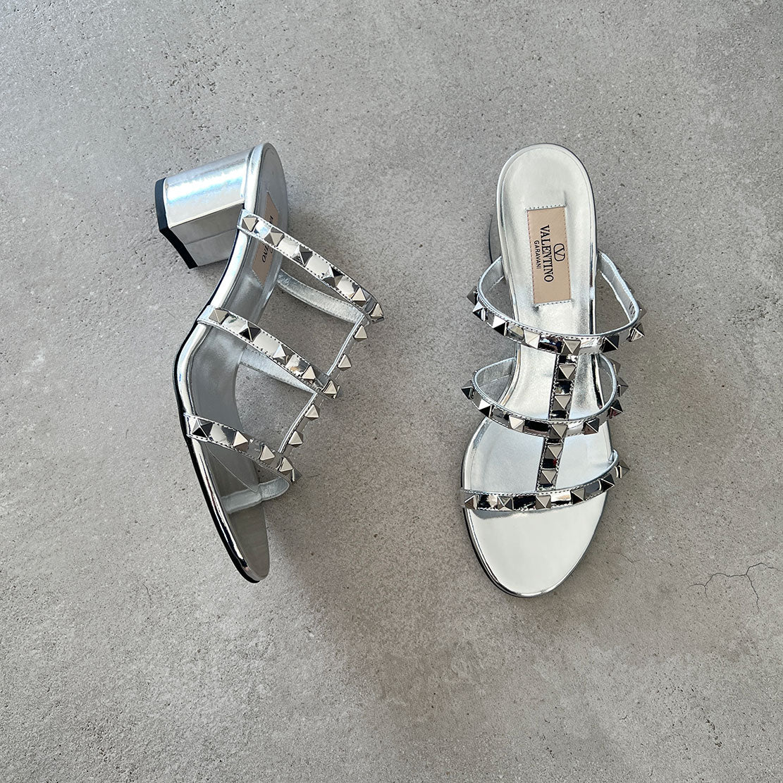 Valentino Rockstud Block Heel Mule Sandals - Silver | Women's Luxury Fashion Shoes for Parties & Evening Events