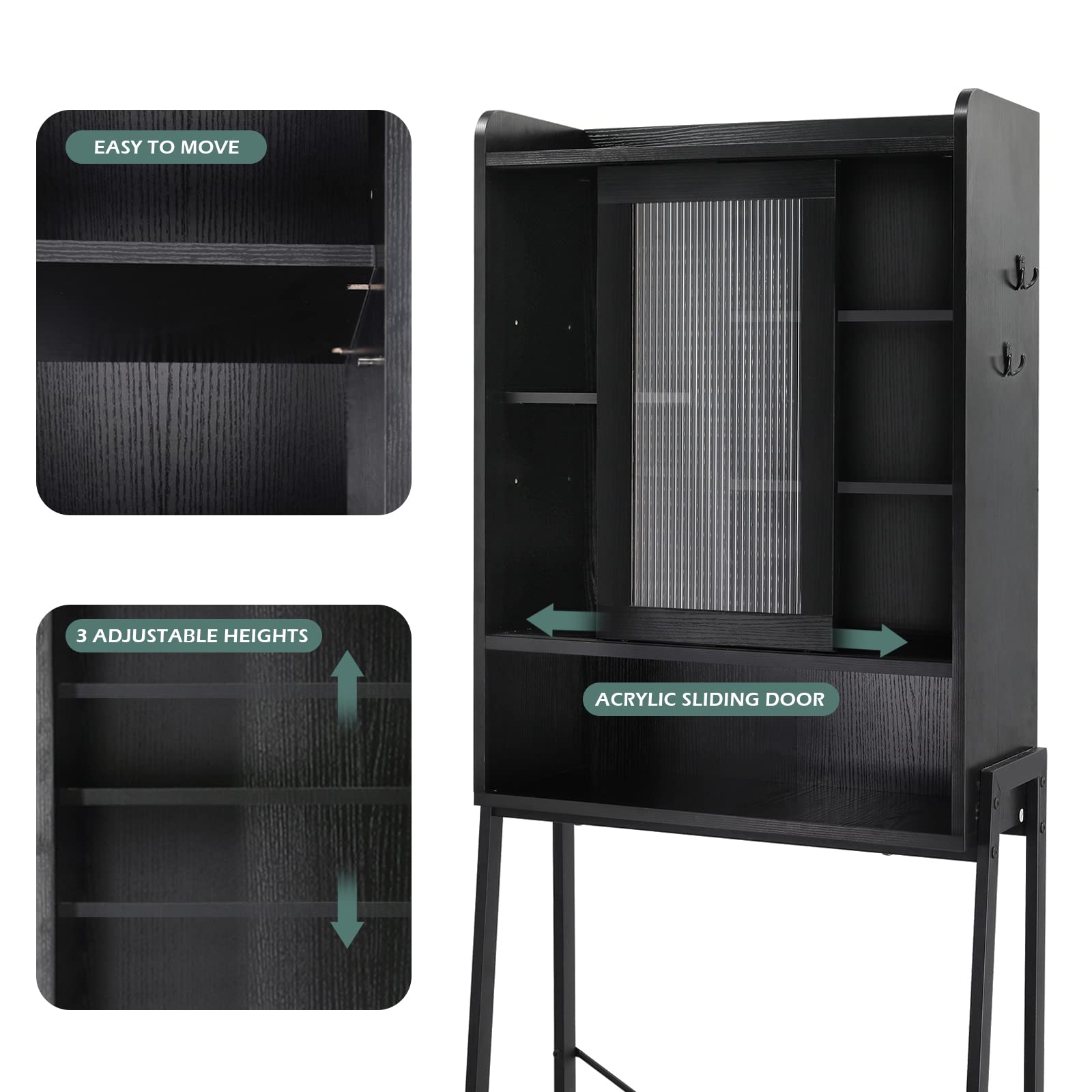 Over Toilet Storage Cabinet - Freestanding Bathroom Organizer with Adjustable Shelves & Acrylic Sliding Door | Space Saving Metal Frame Shelf for Towels, Toiletries & Bathroom Essentials | Perfect for Small Bathrooms, Apartments & Powder Rooms