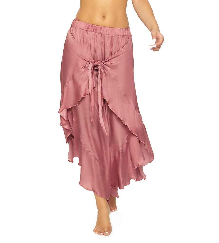 PilyQ Women's Dusty Rose Ruffle Tie Waist Pants - Elegant High Waisted Wide Leg Trousers for Office, Party & Special Occasions