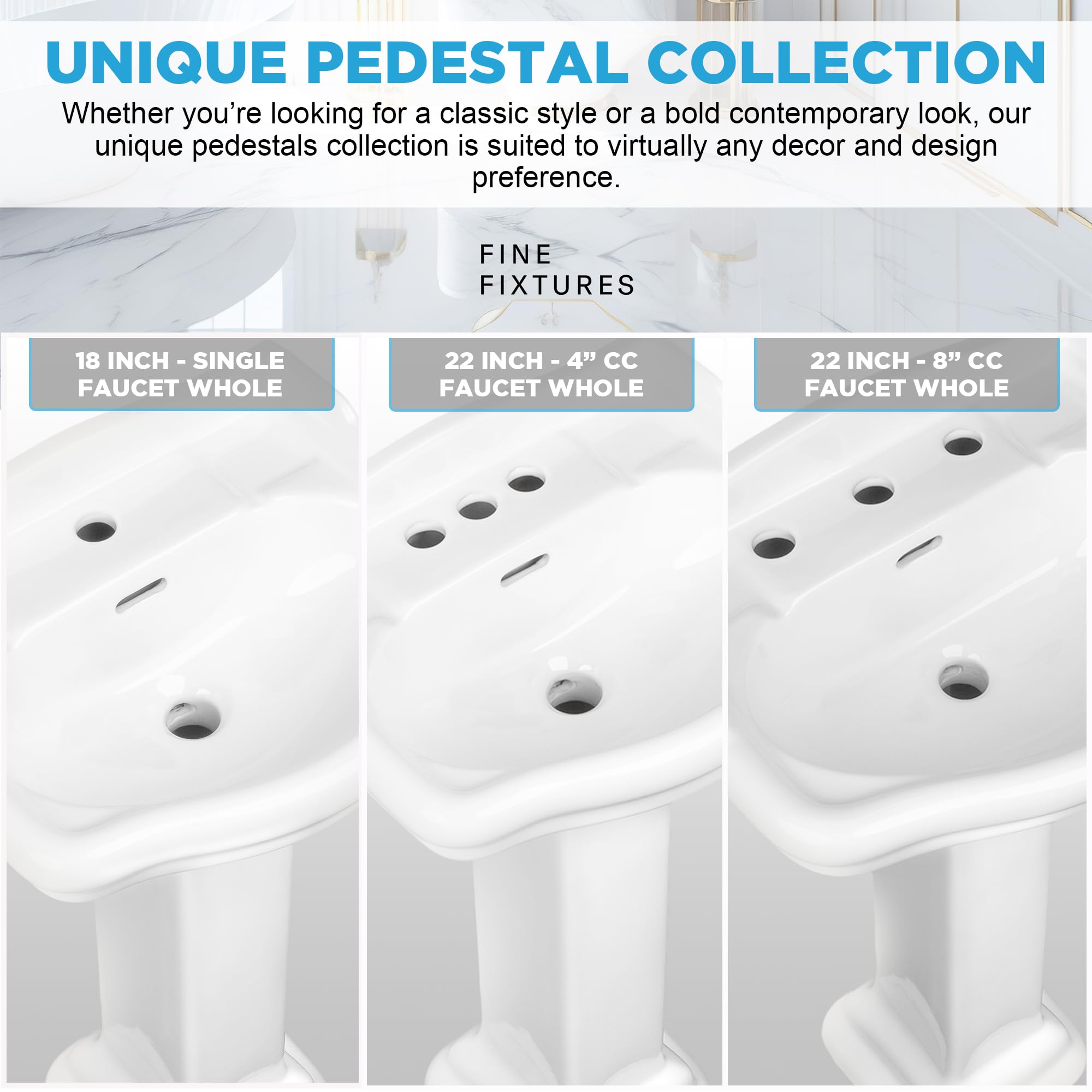 Fine Fixtures Roosevelt 18-Inch Pedestal Bathroom Sink - Durable Vitreous China Ceramic Small Sink with Single Hole Faucet - Perfect for Modern Bathrooms, Powder Rooms & Small Space Solutions