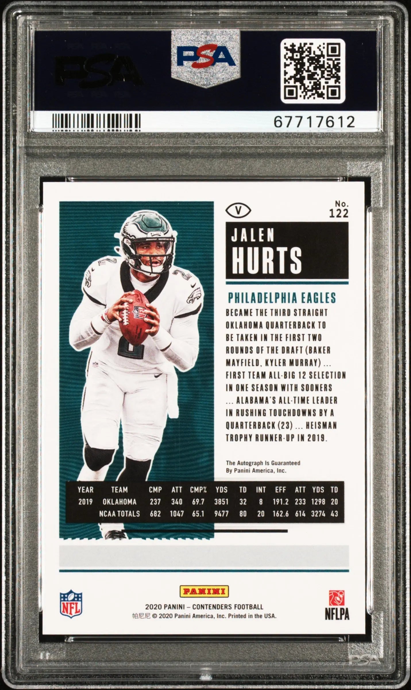 2020 Panini Contenders Football Jalen Hurts Rookie Card Wild Card Ticket Autograph PSA 10 Gem Mint #122 - Perfect for NFL Collectors and Philadelphia Eagles Fans