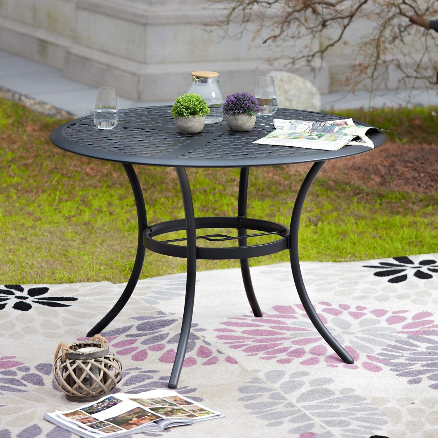 LOKATSE HOME 42.1 Inch Round Outdoor Patio Dining Table with Umbrella Hole - Weather-Resistant Steel Frame Metal Table for Garden, Backyard, Lawn, Balcony, Deck - Perfect for Outdoor Entertaining & Family Gatherings (Black)
