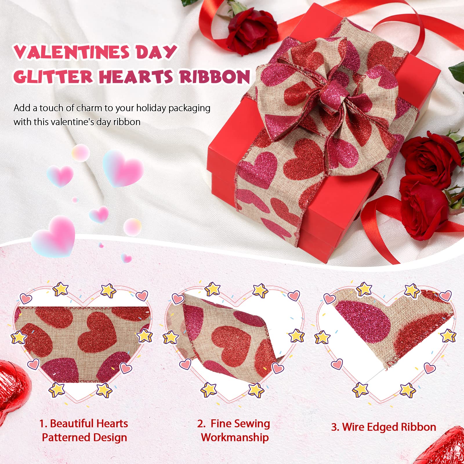 2 Rolls 20 Yards Glitter Hearts Wired Edge Burlap Ribbon - Valentine's Day DIY Gift Wrapping, Wreath & Craft Decoration (1.5 Inch, Natural/Red/Pink) - Perfect for Party Decor, Wedding Favors, Scrapbooking & Home DIY Projects