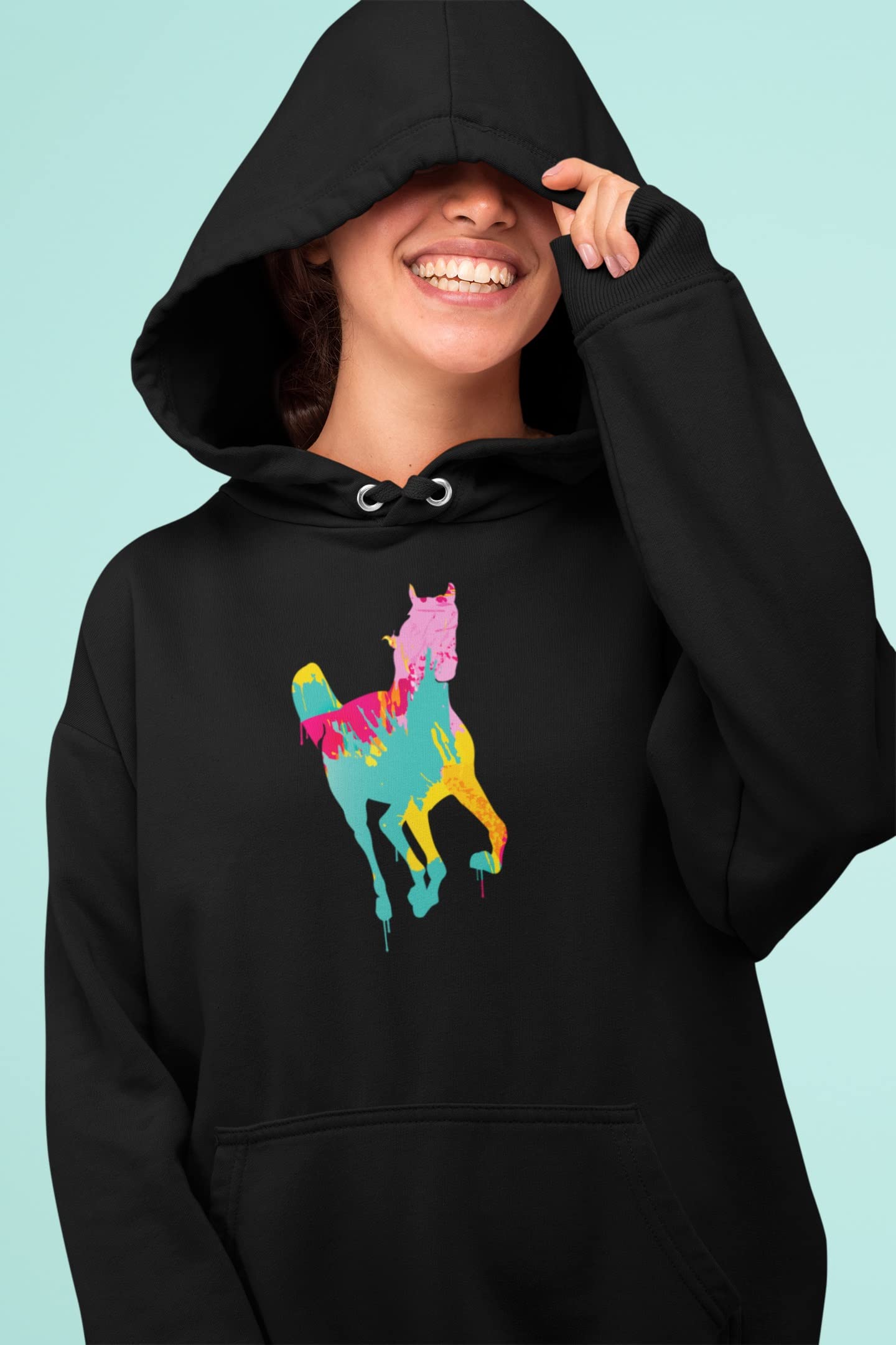 Black Splatter Horse Print Adult Pullover Hoodie - Cozy & Stylish for Casual Wear, Outdoor Activities & Street Fashion