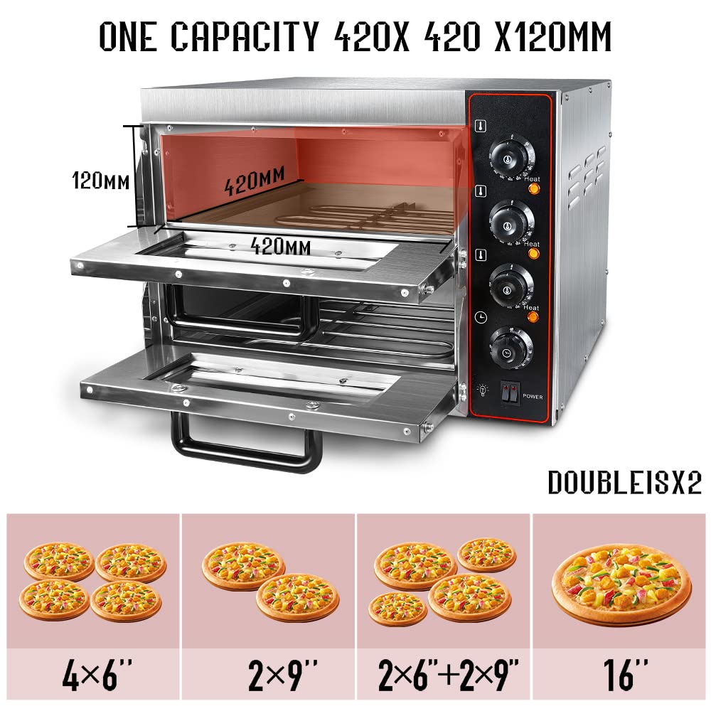 Commercial Pizza Oven Double Oven 1700W 16 Inch Stainless Steel Electric Countertop Pizza Maker - Perfect for Restaurants, Home Kitchens, Baking Pretzels, Roasting Yakitori & More (110V) | Indoor Multipurpose Snack Oven for Pizza, Bread & Meat Cooking