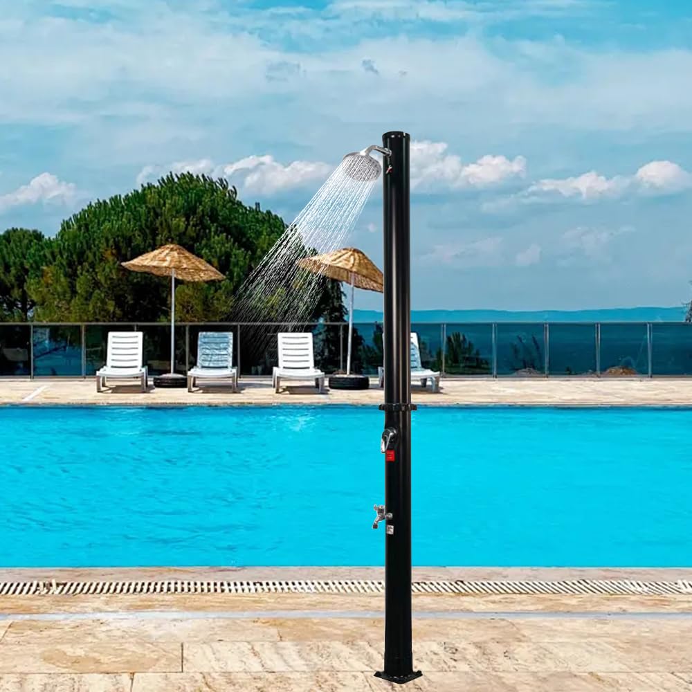 5.3 Gallon Solar Heated Outdoor Shower | Portable 2-Section Camping Shower with Adjustable Shower Head & Foot Tap | Perfect for Poolside, Backyard, Beach, Garden & Spa Use | Black