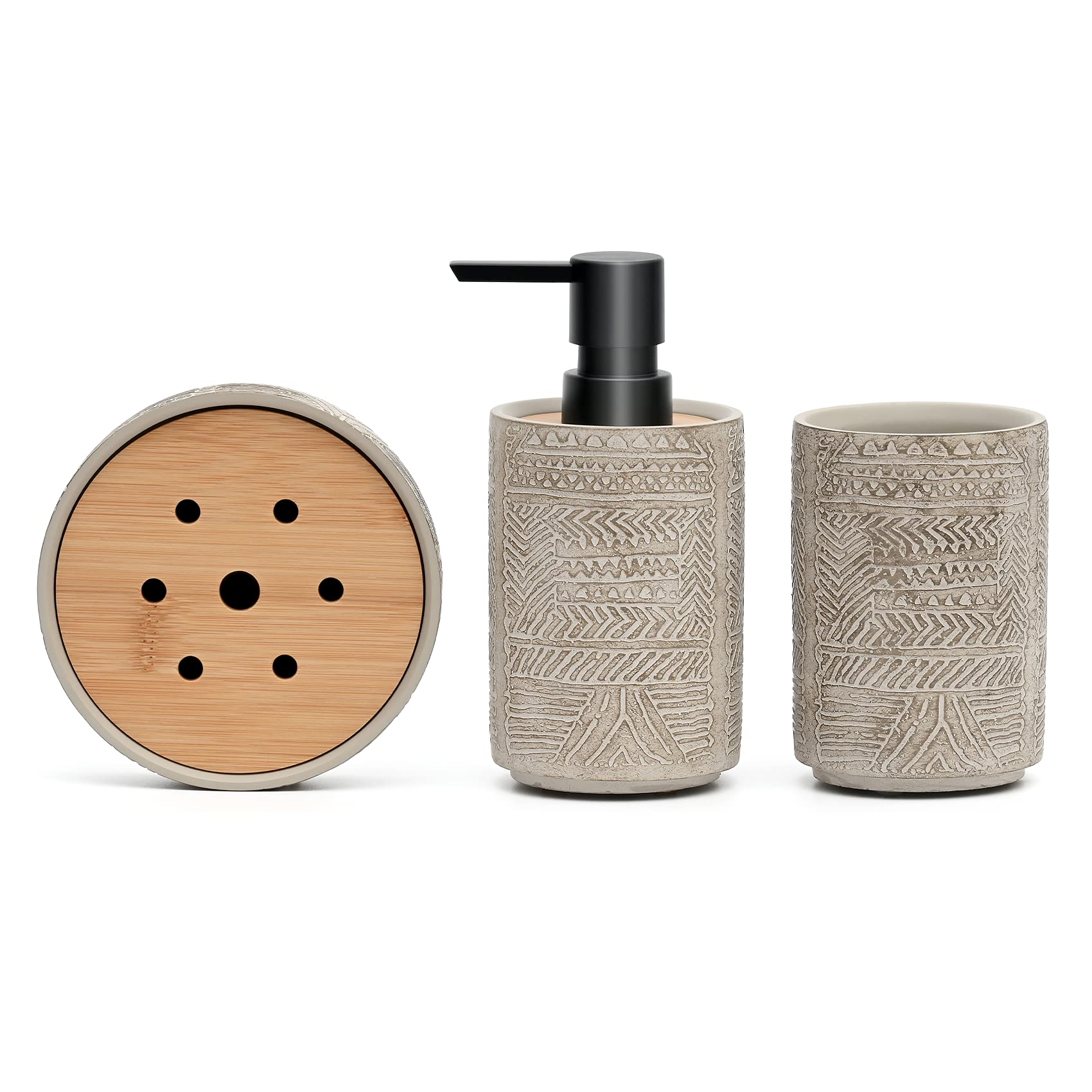 Concrete Bathroom Accessory Set - Grey Soap Dispenser, Toothbrush Holder, Tumbler & Soap Dish with Vintage Engraving | Modern Farmhouse Decor for Bathroom Countertop Organization