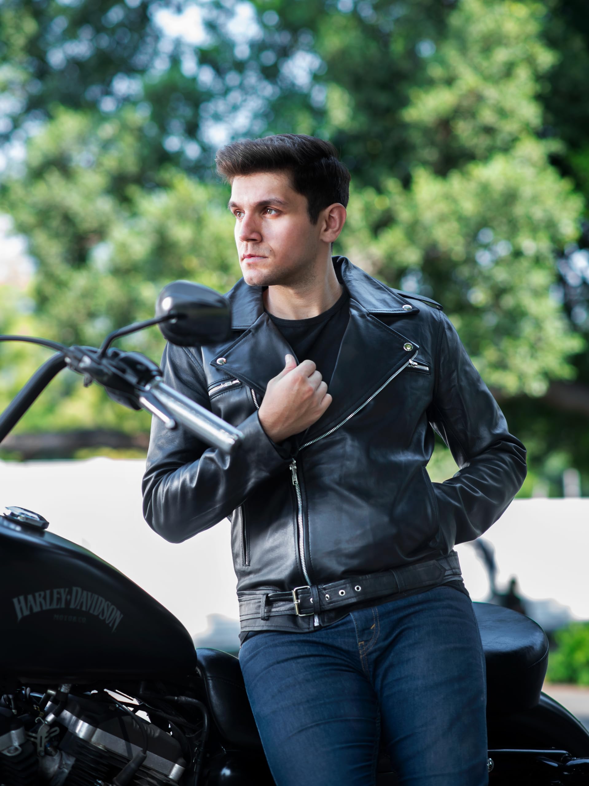 Premium Black Men's TLC Leather Biker Jacket with Notch Lapel Collar & Zipper Cuffs - Stylish Motorcycle Jacket for Riding, Casual Wear & Night Out