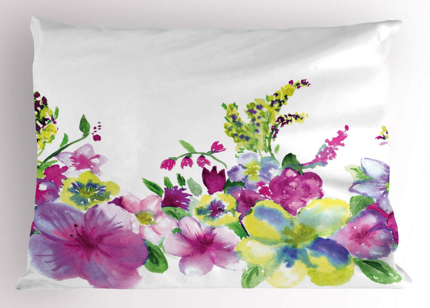 Ambesonne Watercolor Flower Pillow Sham - Abstract Floral Design with Heathers & Stocks, Decorative Standard Size 26x20 Inch, Pink & Green Printed Pillowcase - Perfect for Bedroom, Living Room, Sofa & Home Decor