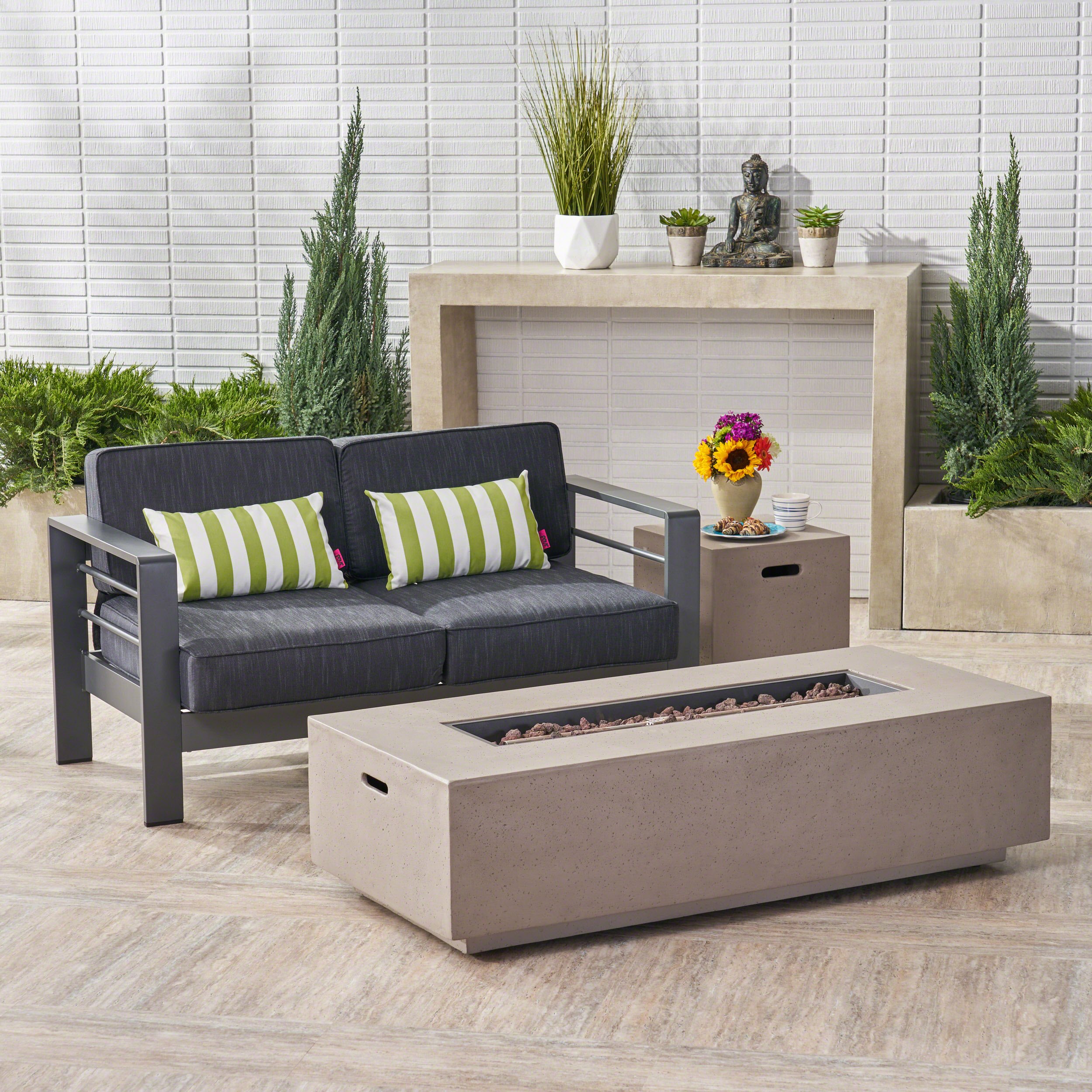 Outdoor Loveseat and Fire Pit Set with Dark Grey Cushions - Weather-Resistant Patio Furniture for Backyard, Garden & Poolside Relaxation