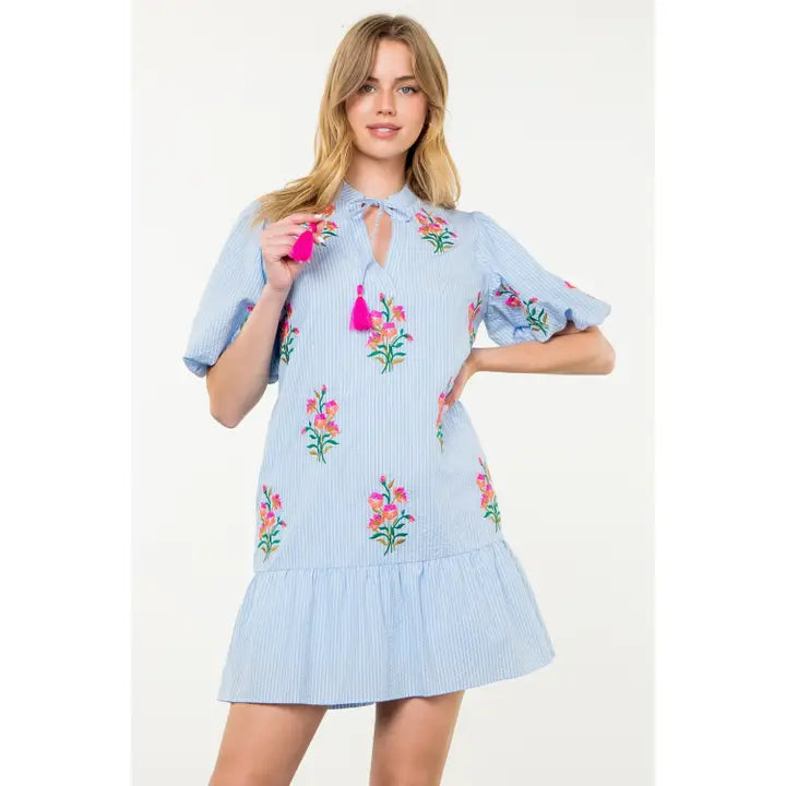 Stylish Embroidered Striped Dress for Women - Floral Summer Casual Dress - Perfect for Beach, Vacation, and Date Nights