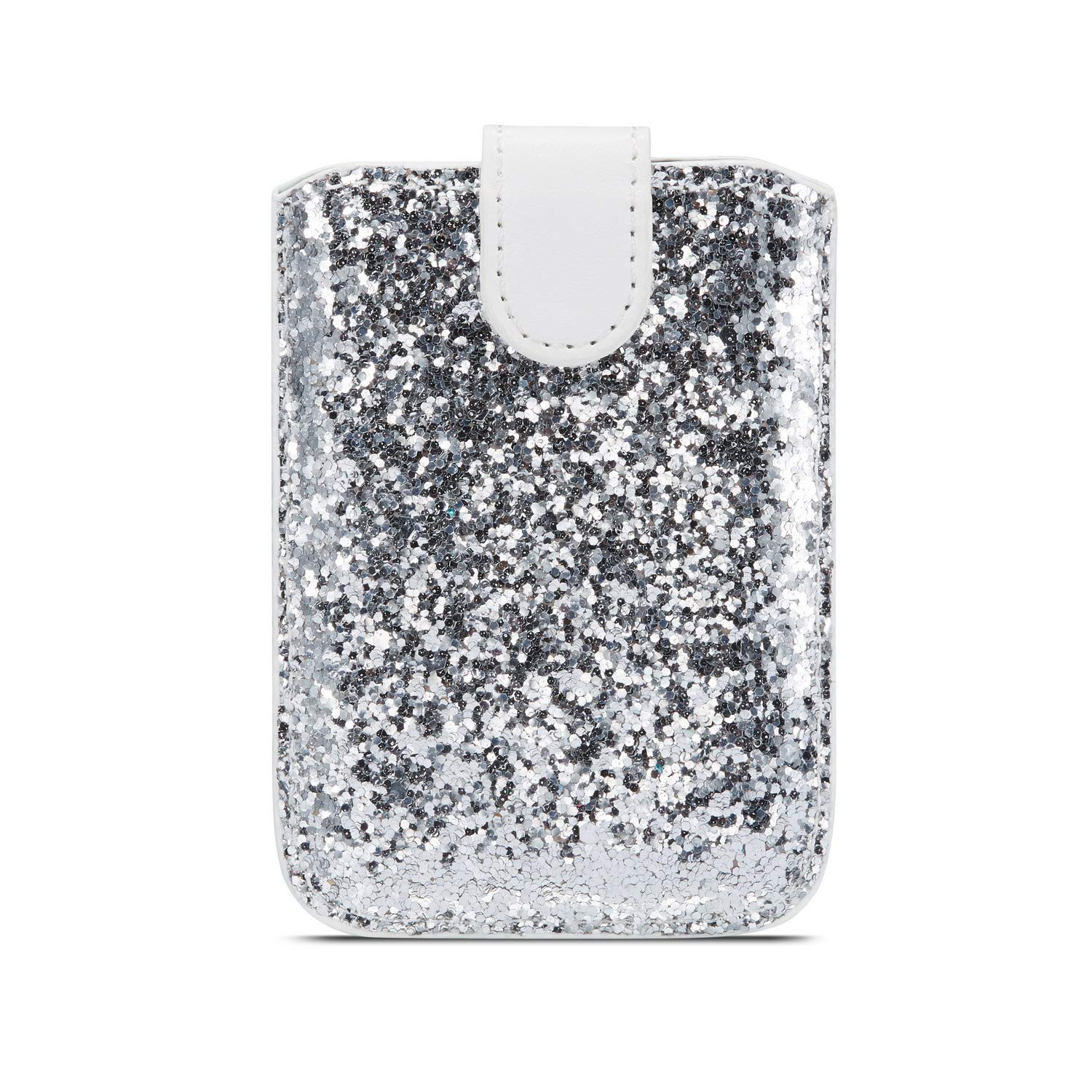 Glitter 5 Cards Holder Cell Phone Pouch - RFID Blocking Stretchable Wallet with Adhesive Back for iPhone 16/15, Samsung Galaxy S24 Ultra/Note 20, A55/A74 - Perfect for Hands-Free Shopping, Travel & Daily Commute (White)